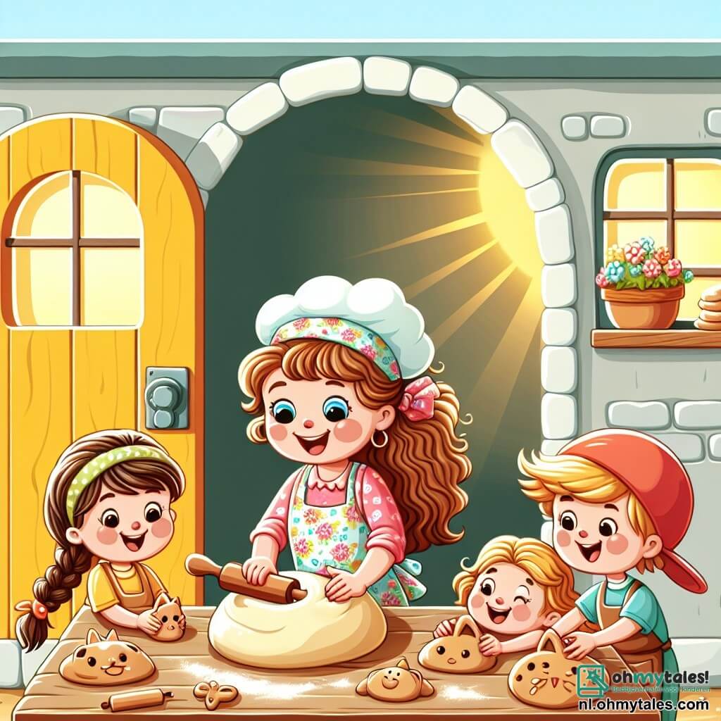 Une illustration sous forme de dessin destinée aux enfants représentant une charmante boulangerie avec une porte jaune vif, où une femme aux cheveux bouclés et souriants, vêtue d'un tablier fleuri, est en train de pétrir de la pâte à pain sur une grande table en bois, entourée de plusieurs enfants joyeux, un garçon avec une casquette rouge et une fille avec une tresse, qui s'amusent à former des petits pains en forme d'animaux, tandis qu'un doux parfum de pain chaud emplit l'air et que des rayons de soleil illuminent la scène.