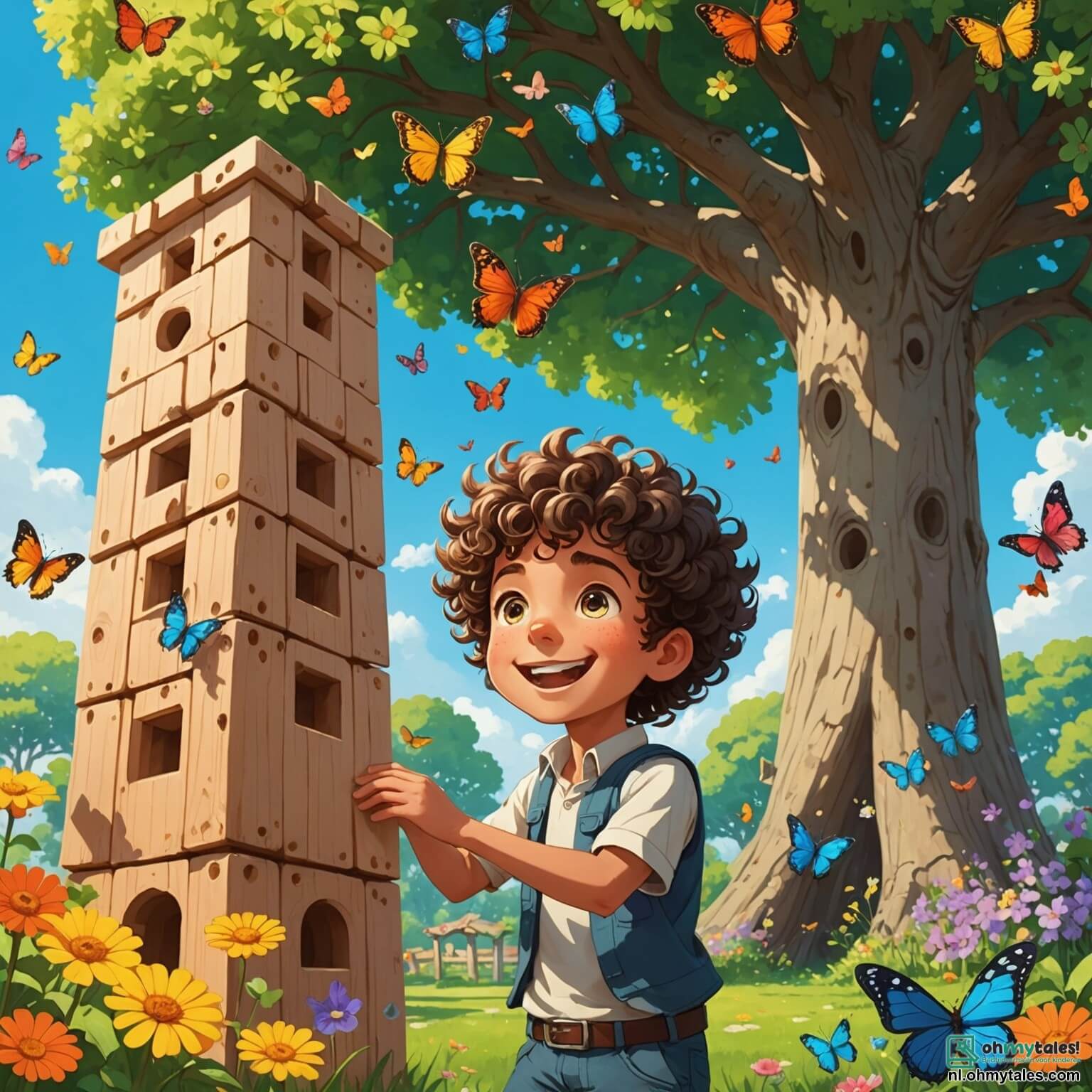 Une illustration destinée aux enfants représentant un garçon aux cheveux bouclés et aux yeux pétillants, débordant d'énergie et de curiosité, jouant dans un jardin ensoleillé rempli de fleurs colorées et de papillons virevoltants, où il rencontre un nouvel ami, un autre garçon souriant et enthousiaste, alors qu'ils décident ensemble de construire une grande tour de blocs en bois sous l'ombre d'un grand chêne majestueux, tout en partageant des rires et des rêves d'aventures futures dans ce coin de paradis.