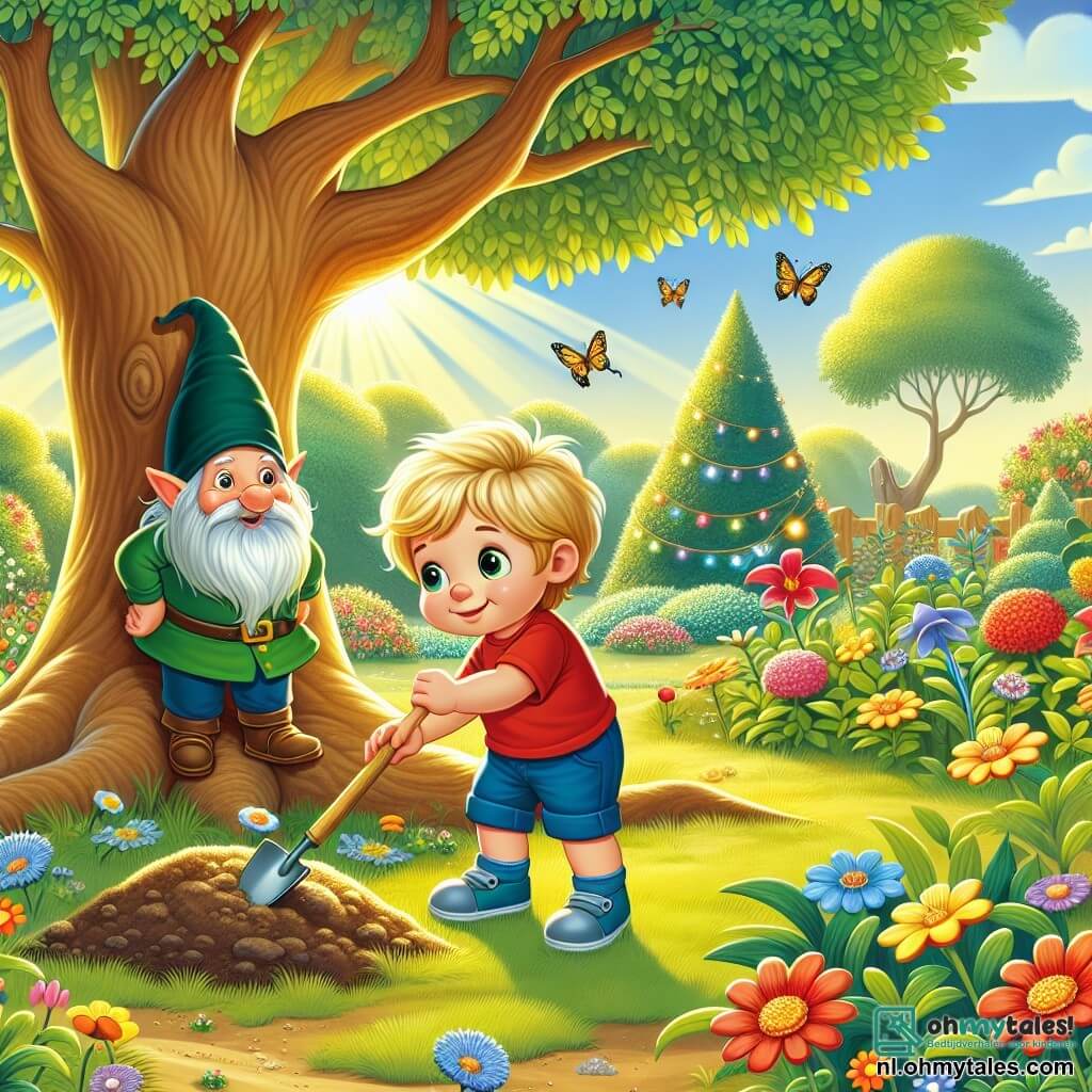 Une illustration sous forme de dessin destinée aux enfants représentant une magnifique arrière-cour ensoleillée, remplie de fleurs colorées et d'une grande eik, où un garçon de 3 ans aux cheveux blonds et aux yeux pétillants, vêtu d'un t-shirt rouge et d'un short bleu, est en train de creuser le sol avec ses petites mains, tandis qu'un gentil gnome aux cheveux gris et à la barbe touffue, vêtu d'une tunique verte, l'observe avec un sourire encourageant, alors qu'ils cherchent ensemble une mystérieuse trésor caché, entourés de papillons dansants et d'une atmosphère magique.