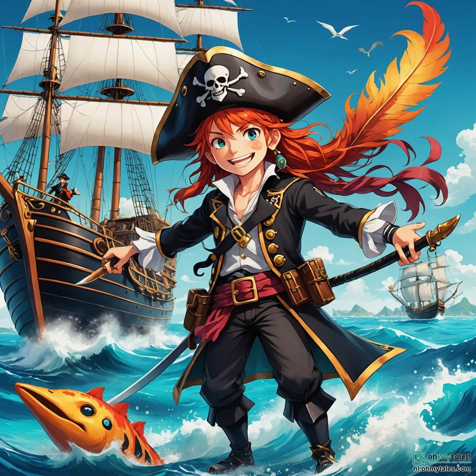 Une illustration destinée aux enfants représentant un intrépide pirate à la chevelure flamboyante, portant un chapeau orné de plumes colorées, naviguant sur son majestueux navire à la coque noire et aux voiles blanches, voguant à travers des eaux turquoise scintillantes, tandis qu'à ses côtés, un matelot jovial au sourire éclatant, un garçon robuste et loyal, et une jeune femme astucieuse, aux yeux pétillants et à la verve aiguisée, scrutent l'horizon à la recherche d'une légendaire île mystérieuse, enveloppée de brume et ornée de palmiers dansants, où se cache une fabuleuse trésor, tout cela se déroulant sous un ciel bleu azur parsemé de nuages cotonneux, au cœur d'une aventure palpitante pleine de rebondissements et de découvertes.
