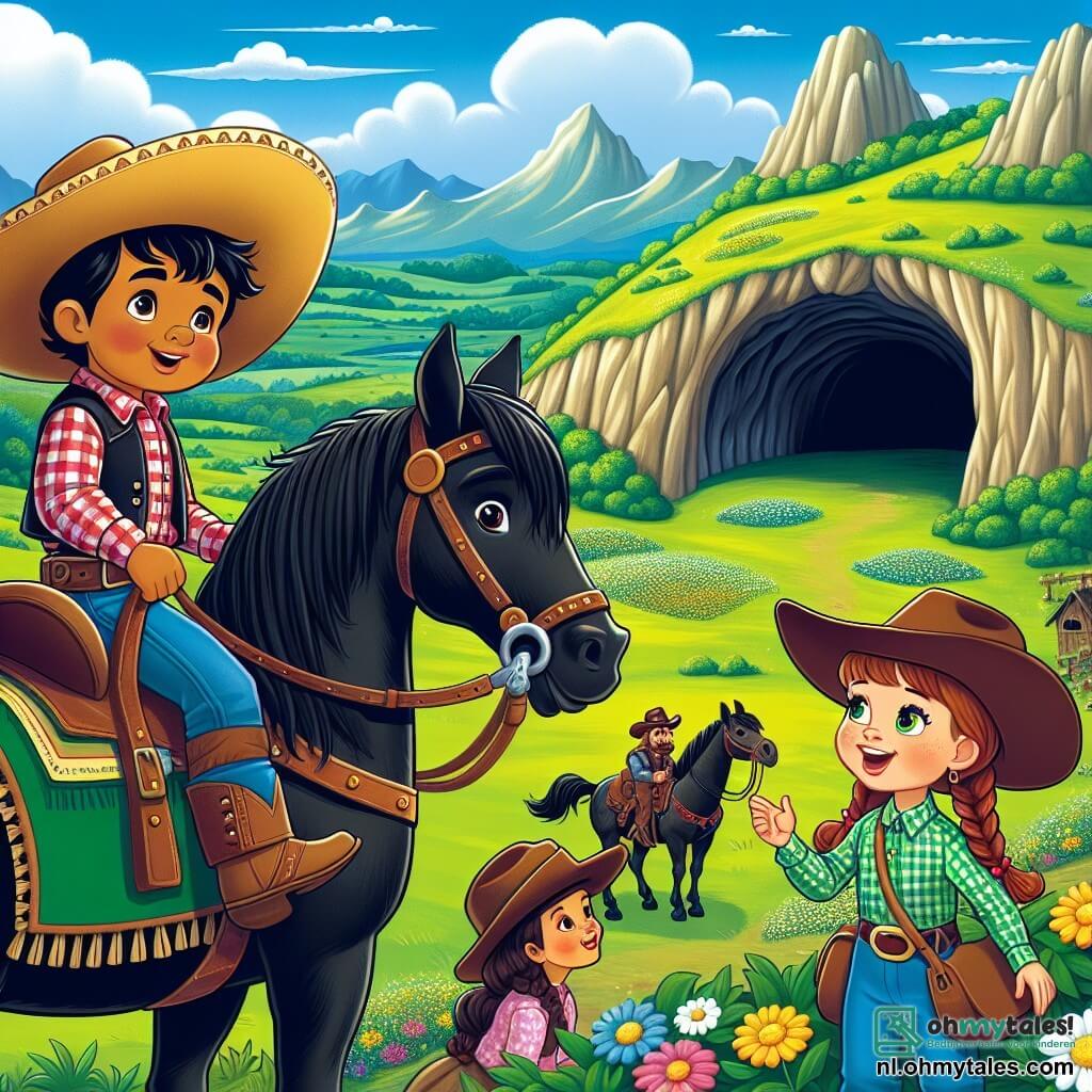 Une illustration sous forme de dessin destinée aux enfants représentant une vaste vallée verdoyante sous un ciel bleu éclatant, où un cowboy courageux, un homme avec un grand chapeau de feutre et une chemise à carreaux, se tient fièrement sur son cheval noir nommé Bliksem, tandis qu'à ses côtés, une jeune cowgirl aux cheveux bruns tressés et un garçon joyeux portant une grande casquette observent une mystérieuse grotte ornée de fleurs colorées, symbolisant leur quête pour trouver une trésor caché tout en célébrant leur amitié et leur esprit d'aventure.