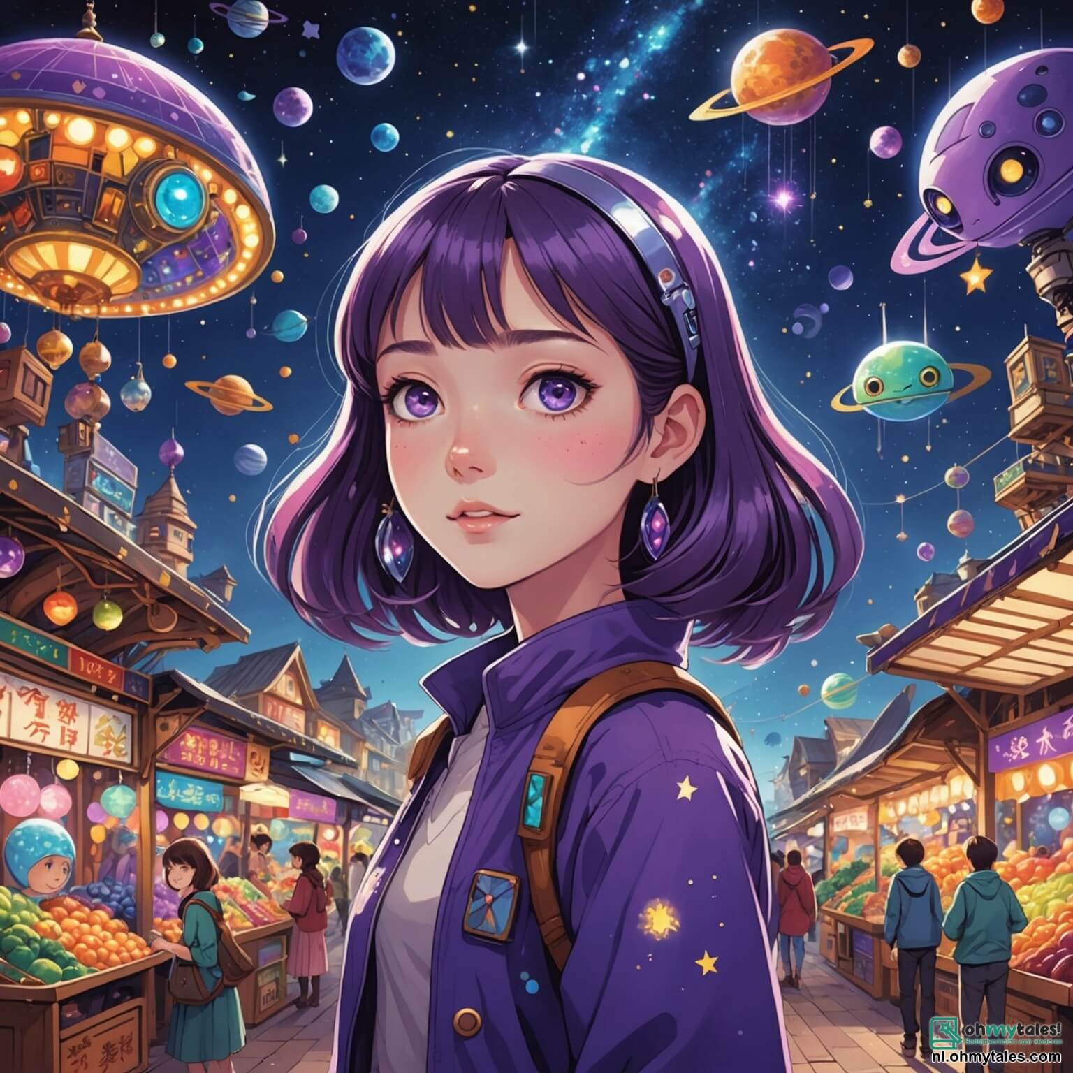 Une illustration destinée aux enfants représentant une femme aux yeux violets étincelants, flottant avec grâce dans un marché intergalactique vibrant de couleurs, où des étals scintillants regorgent de créatures fantastiques et d'objets magiques, entourée de son fidèle ami robot aux lumières clignotantes, ainsi que d'un alien à trois yeux, tous deux curieux et joyeux, tandis que des étoiles brillent comme des diamants dans le ciel sombre, créant une atmosphère de mystère et d'aventure dans cet univers féerique.