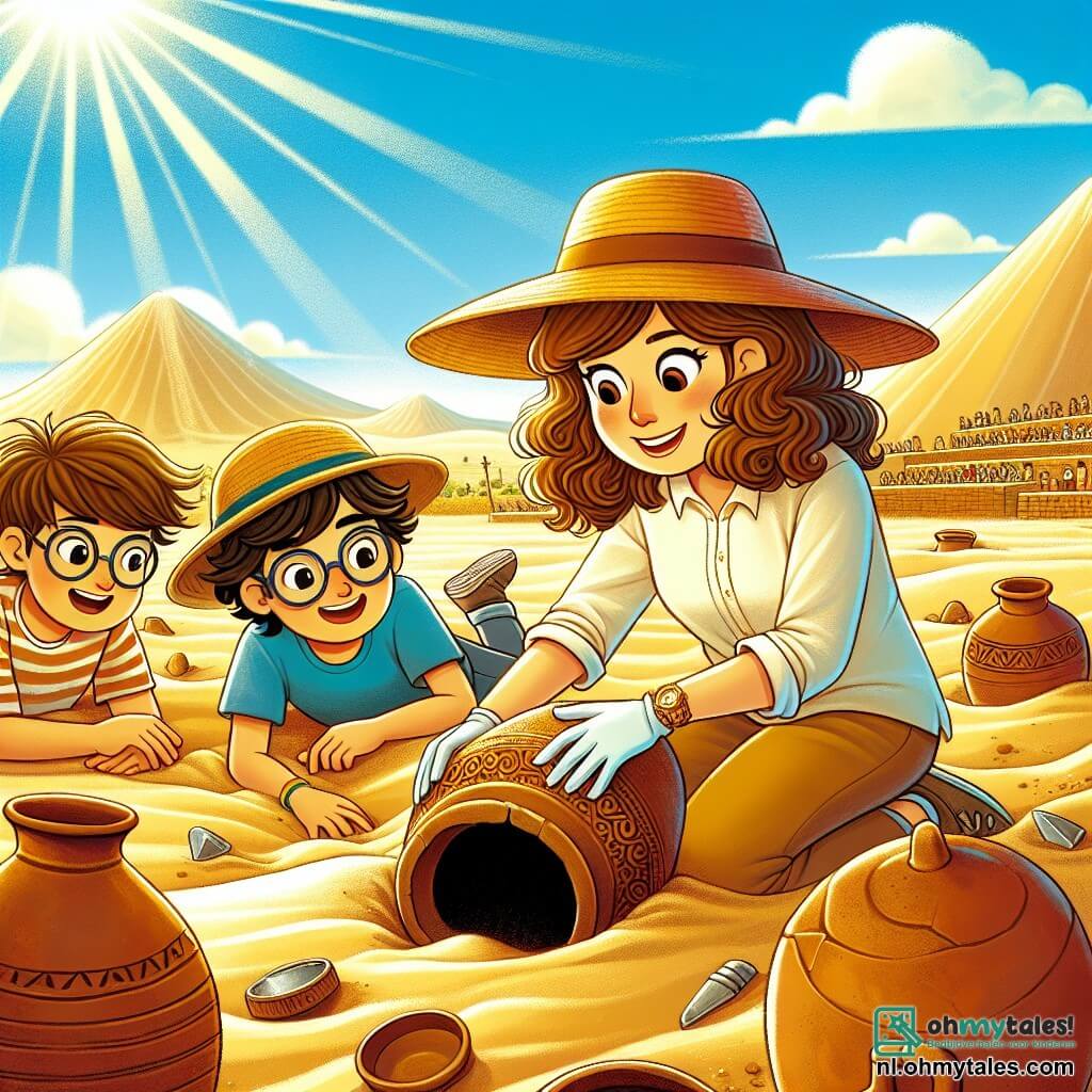 Une illustration sous forme de dessin destinée aux enfants représentant une vaste et ensoleillée opgavingssite dans le désert iranien, où une femme archéologue aux cheveux bruns bouclés, portant un chapeau de paille et une chemise légère, est accroupie dans le sable, découvrant une ancienne porte cachée, tandis que deux garçons de son équipe, l'un avec des lunettes et l'autre aux cheveux blonds, l'observent avec émerveillement, entourés de pots en terre cuite et de trésors scintillants, sous un ciel bleu éclatant.