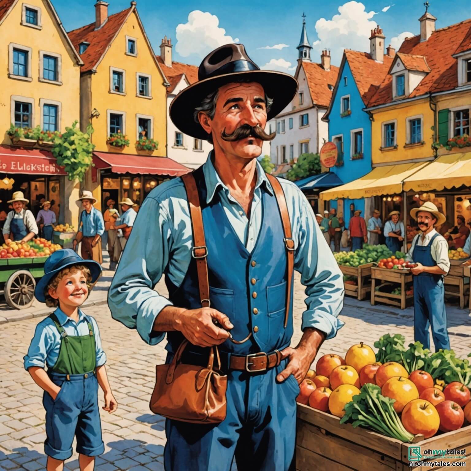 Une illustration destinée aux enfants représentant un homme à la moustache touffue et à la tête ornée d'un chapeau en cuir, se tenant fermement au centre de la place animée du village de Klaversteen, où les couleurs vives des étals de fruits et légumes se mêlent aux rires des enfants jouant autour de la fontaine scintillante, tandis qu'il scrute attentivement les visages inquiets des villageois, dont un jeune garçon à la casquette bleue, qui l'accompagne avec une lueur d'espoir dans les yeux, alors qu'ils tentent de résoudre le mystère de la disparition de la précieuse balle magique qui apporte joie et bonheur à leur communauté.