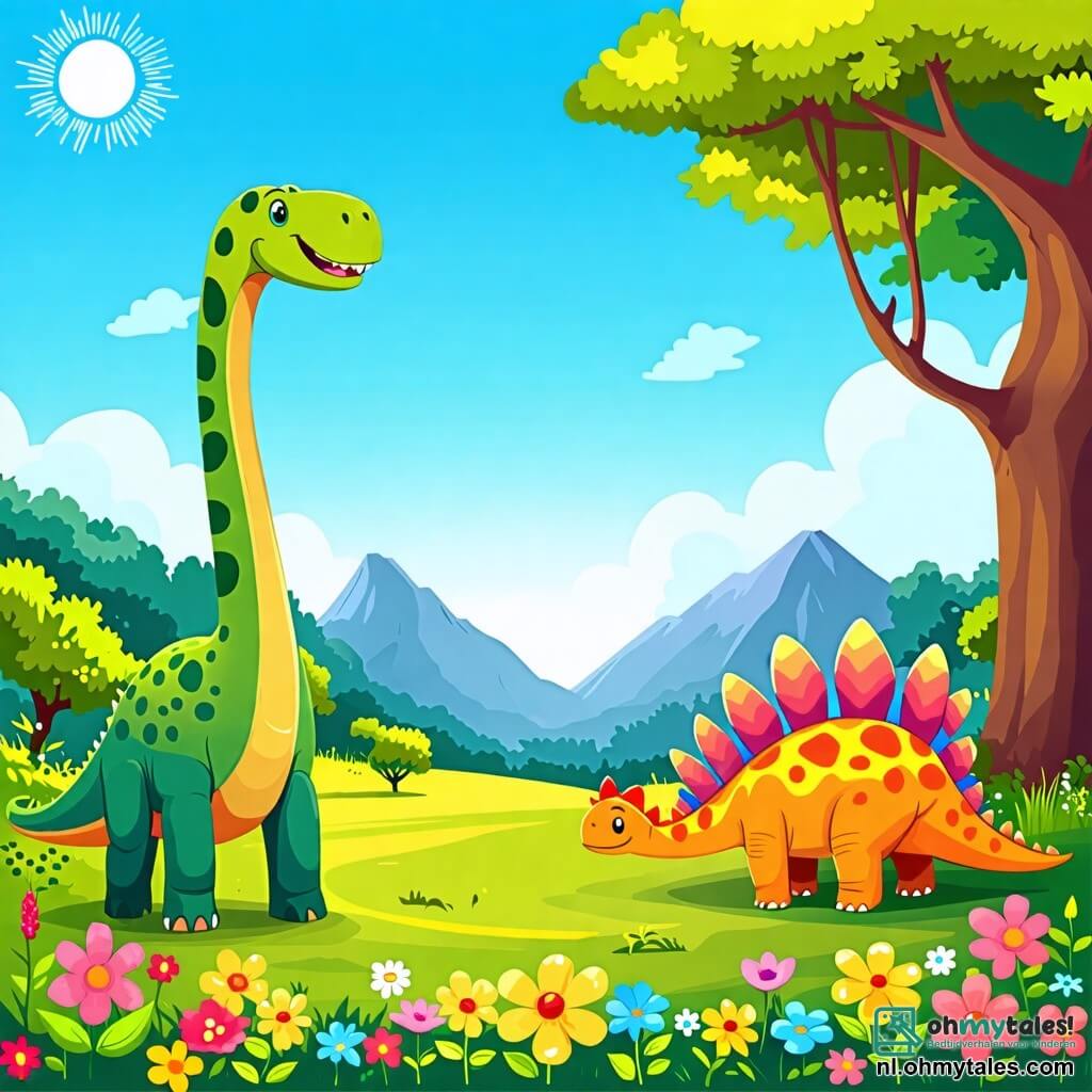 Une illustration sous forme de dessin destinée aux enfants représentant une vaste prairie verdoyante sous un ciel bleu ensoleillé, où un diplodocus à la peau verte et aux longues pattes s'amuse à chercher ses amis, tandis qu'un stegosaurus aux plaques dorsales colorées se cache derrière un grand arbre, tous deux riant et jouant à cache-cache dans un monde préhistorique rempli de fleurs éclatantes et de montagnes lointaines.