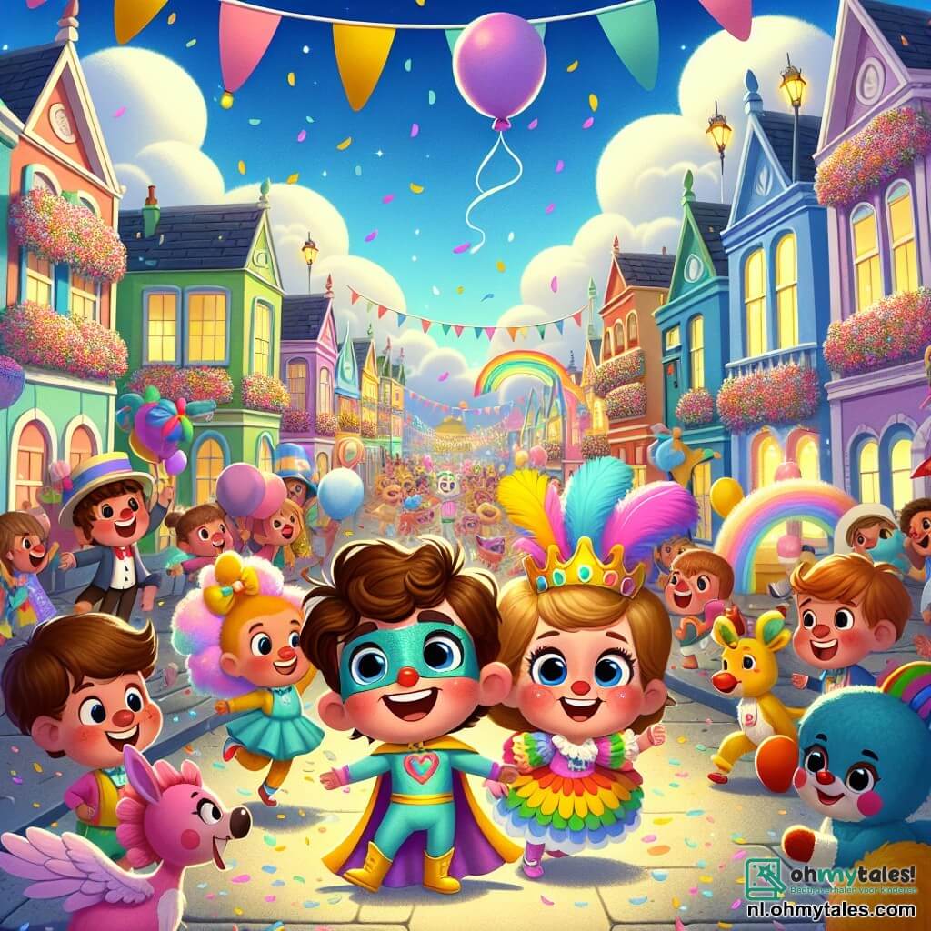 Illustratie van een levendige carnavalscène in een kleurrijk dorp. De locatie is een drukke straat, omringd door huizen met stralende pastelkleurige gevels, versierd met bloemenkransen en zwevende ballonnen. De lucht is blauw met donzige witte wolken, en fonkelende lantaarns verlichten de feestelijke sfeer. In het midden van de scène danst een jongen van ongeveer 8 jaar met bruin, krullend haar in een regenboog superheldenkostuum met een cape die in de zon schittert. Naast hem staat een andere jongen van 9 jaar, met blond haar en een bril, gekleed als een kleurrijke clown met een rode neus en een grote glimlach. Ze dansen vrolijk, omringd door confetti die door de lucht vliegt. De belangrijkste situatie toont deze twee vrienden die samen dansen, met stralende gezichten van blijdschap, terwijl een groep magische wezens, zoals kangoeroes en kleurrijke flamingo's, hen vergezelt met sprongen en pirouettes. Kinderen van alle leeftijden, gekleed in verschillende kostuums, kijken hen verwonderd aan, wat een feestelijke en vriendschappelijke sfeer creëert. Op de achtergrond applaudisseren glimlachende ouders, en kleurrijke eetkraampjes bieden zoete lekkernijen aan, wat bijdraagt aan de vrolijke sfeer van het carnaval. Gelach en muziek zweven door de lucht, waardoor deze scène levendig en vol magie is.