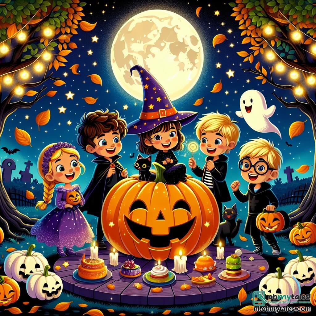 Illustratie van een magische Halloween-scène in een nachtelijk park. De sterrenhemel wordt verlicht door een heldere maan boven een grote boomgaard met gouden bladeren en dansende schaduwen. In het midden staat een groep van drie kinderen rond een grote glimlachende pompoen, versierd met fonkelende lichtjes. Een zevenjarig jongetje met bruin, krullend haar draagt een zwarte tovenaarspak met gouden sterren en glimlacht vol vertrouwen. Naast hem staat een zevenjarig meisje met gevlochten blond haar in een paarse heksenjurk, terwijl ze een klein zwart katje aait dat tegen haar benen wrijft. Ten slotte kijkt een andere zevenjarige jongen met een bril en blond haar, gekleed in een witte spookkostuum, verwonderd naar de dansende geesten om hen heen. De scène toont de kinderen die lachen en dansen, omringd door speelse, vriendelijke geesten, terwijl snoep en monsterachtige taarten op een houten tafel zijn uitgestald. Herfstbladeren wervelen om hen heen en dragen bij aan de feestelijke en magische sfeer van deze Halloween-nacht.