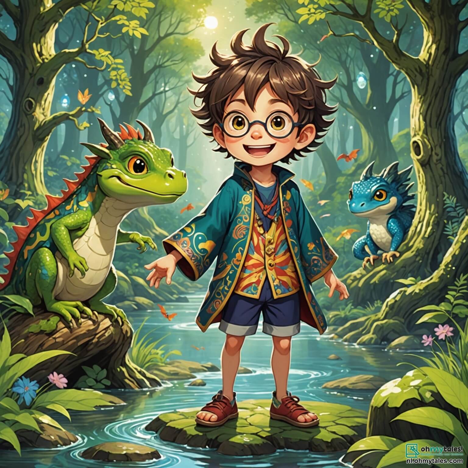 Une illustration destinée aux enfants représentant un garçon espiègle aux cheveux en bataille et aux yeux pétillants de malice, vêtu d'une tunique colorée ornée de motifs de dragons rieurs, se tenant au bord d'une rivière scintillante dans une forêt enchantée où les arbres aux troncs torsadés semblent chuchoter des secrets, entouré de créatures fantastiques comme une grenouille dansante à lunettes et un hibou farceur portant un chapeau haut de forme, alors qu'il s'apprête à partir à la recherche d'un trésor caché sous un arc-en-ciel flamboyant qui traverse le ciel azur, tout en évitant les pièges comiques tendus par un gnome grincheux aux pieds de champignon qui se cache derrière un buisson de fleurs géantes.