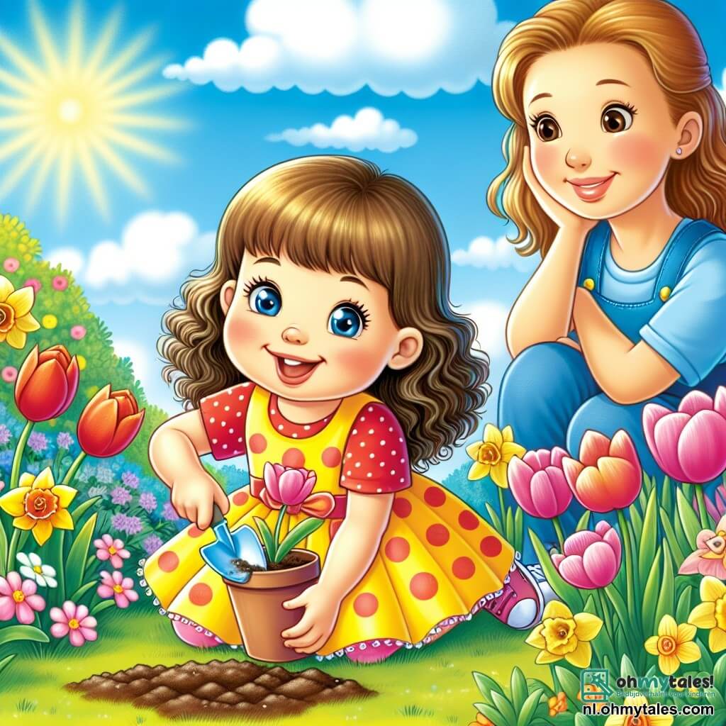 Illustratie van een bloeiende tuin in de lente, met kleurrijke bloemen zoals tulpen en narcissen die zachtjes dansen in een lichte bries. De lucht is helderblauw, met enkele pluizige witte wolken, en de zon straalt vrolijk, waardoor de scène verlicht wordt. In het midden van de afbeelding zit een meisje van 3 jaar, met lange krullende haren en een gele jurk met rode stippen, in het groene gras. Ze heeft een grote glimlach op haar gezicht, haar ogen sprankelend van vreugde terwijl ze met een kleine schep zaadjes in de grond plant. Haar wangen zijn lichtroze van opwinding. Naast haar staat een vrouw van ongeveer 30 jaar, met kastanjebruin haar in een knot, gekleed in een blauwe t-shirt en tuinbroek, die haar vriendelijk observeert. Ze houdt een klein doosje met zaadjes vast en glimlacht, terwijl ze het meisje aanmoedigt. De hoofdscène toont het meisje geconcentreerd op haar werk, omringd door aarde en bloemen, terwijl de moeder haar uitlegt hoe ze de zaadjes moet planten. Vogels zingen in de bomen en kleurrijke vlinders fladderen om hen heen, wat een vleugje magie toevoegt aan deze mooie lentedag.