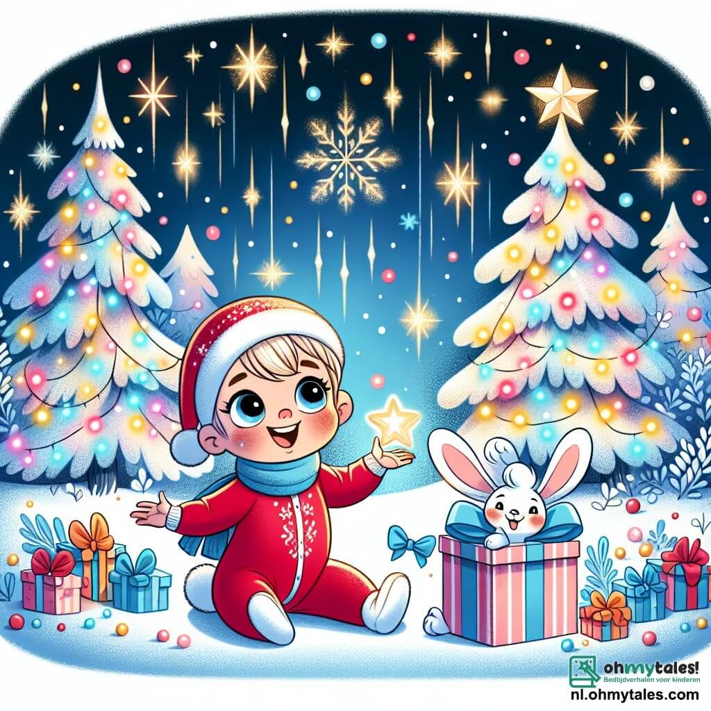 Une illustration sous forme de dessin destinée aux enfants représentant un paysage hivernal féerique avec des arbres enneigés scintillant de lumières colorées, au centre un petit garçon de 1 an avec une grande et douce étoile de Noël sur sa tête, vêtu d'une combinaison rouge et d'une écharpe bleue, souriant joyeusement tout en tenant un joli cadeau décoré, à ses côtés un petit lapin blanc avec un nœud papillon bleu, qui saute de joie en découvrant son cadeau retrouvé, le tout baigné dans une atmosphère magique de Noël.