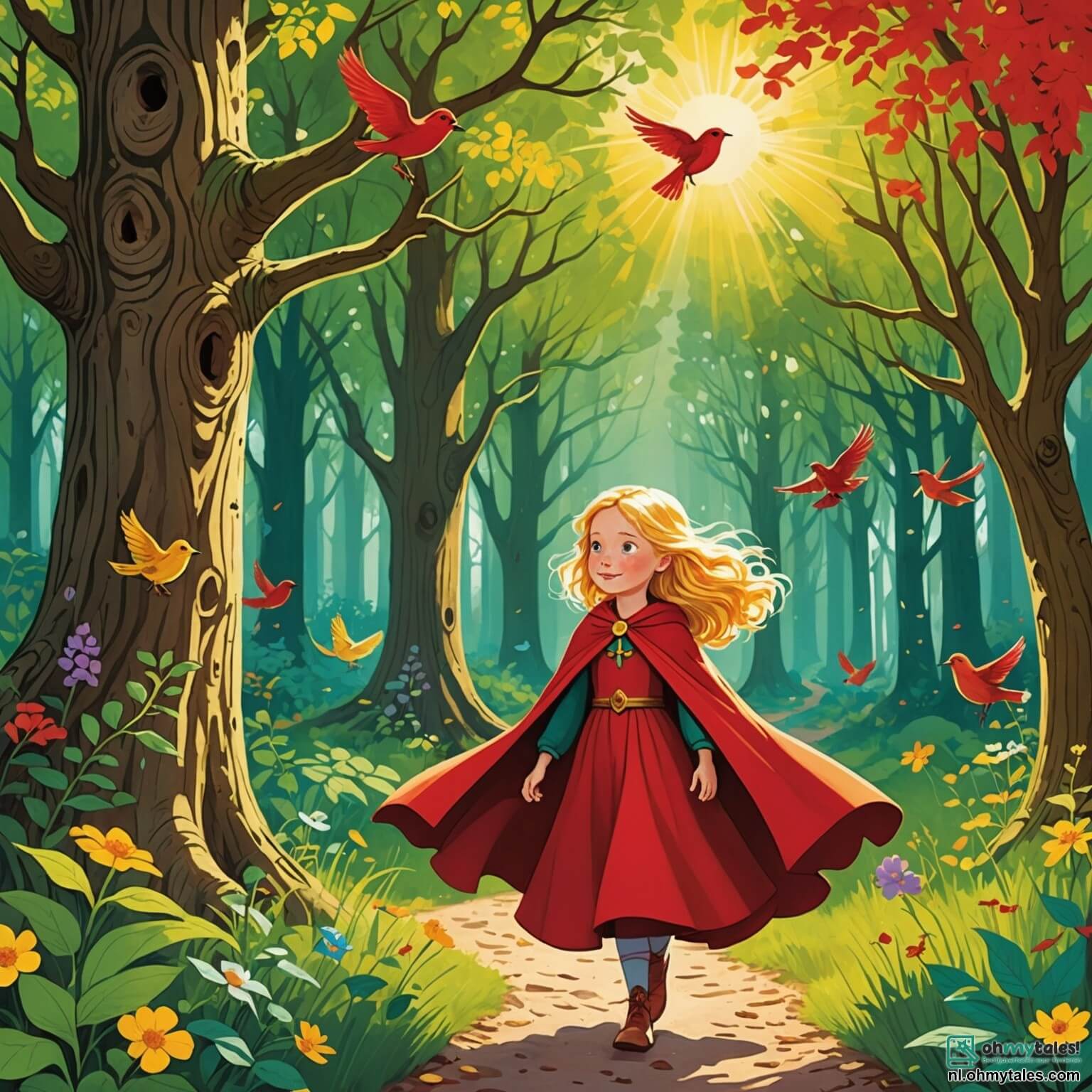 Une illustration destinée aux enfants représentant une courageuse petite fille aux cheveux dorés, vêtue d'une cape écarlate flamboyante qui scintille sous les rayons du soleil, se frayant un chemin à travers une forêt enchantée où les arbres majestueux, aux troncs noueux et aux feuilles d'un vert éclatant, se dressent comme des gardiens silencieux, tandis que des oiseaux colorés chantent des mélodies joyeuses et que des fleurs sauvages aux pétales délicats dansent au gré du vent, alors qu'elle se dirige avec détermination vers la maison de sa grand-mère, une douce dame au cœur tendre, vivant dans une charmante chaumière en bois, entourée de jardins fleuris, tout en étant suivie discrètement par un loup rusé, à la fourrure sombre et aux yeux malicieux, qui guette l'occasion de semer le trouble dans cette aventure féerique.
