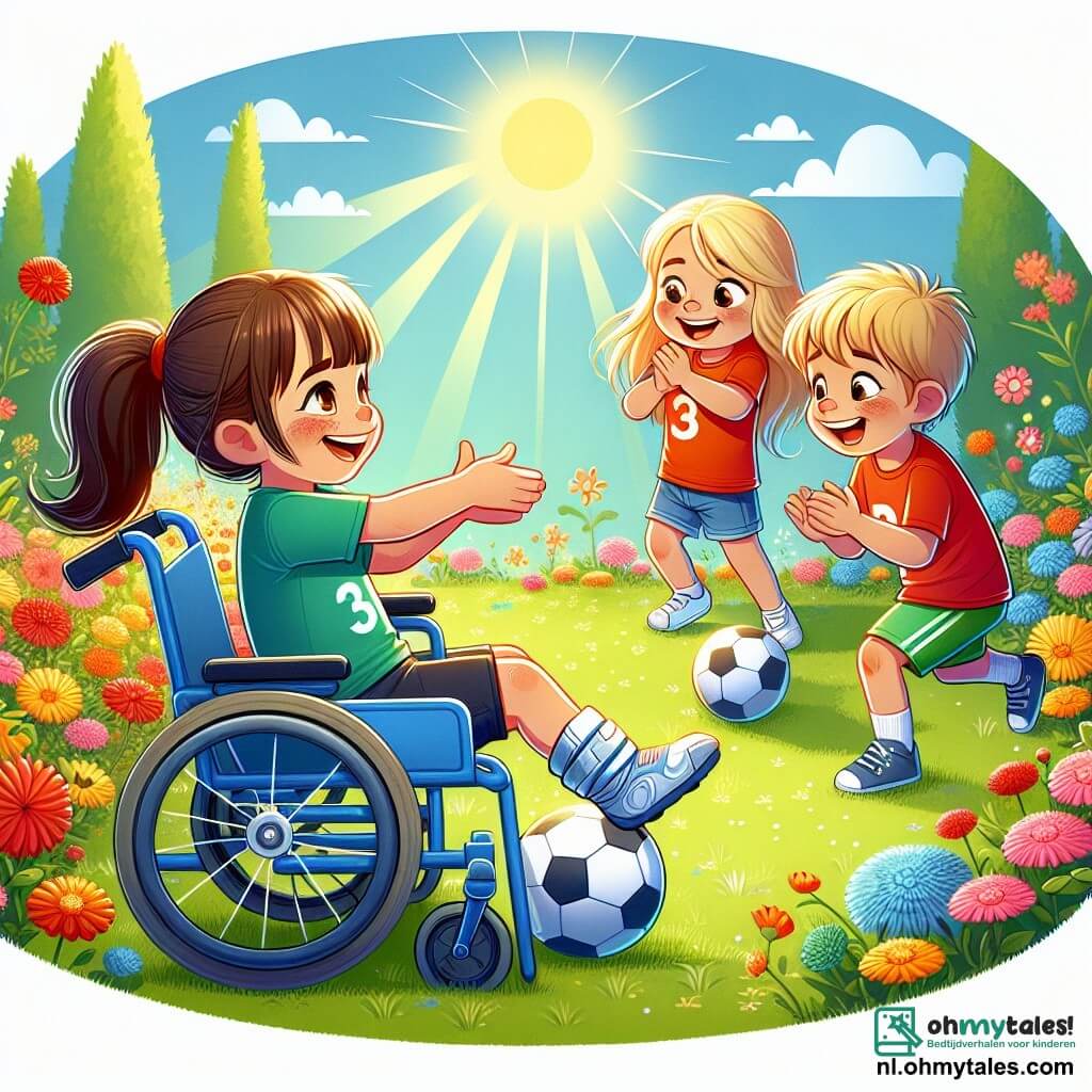 Une illustration sous forme de dessin destinée aux enfants représentant une belle jardin ensoleillé avec des fleurs colorées, où un garçon de 3 ans aux cheveux bruns et aux yeux pétillants, assis dans sa chaise roulante bleue, sourit joyeusement en jouant au football avec ses amis ; une fille aux cheveux blonds et portant un t-shirt rouge qui s'apprête à tirer la balle, et un garçon avec une casquette verte qui applaudit, tous deux riant et s'amusant ensemble, illustrant l'amitié et l'inclusivité dans le jeu.