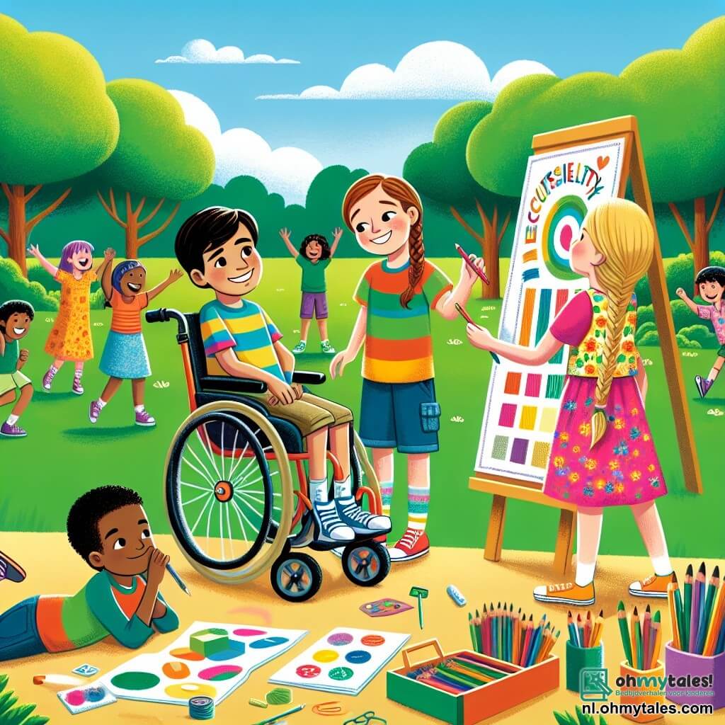 Une illustration sous forme de dessin destinée aux enfants représentant un parc ensoleillé avec des arbres verdoyants et un groupe d'enfants joyeux, au premier plan un garçon de 11 ans aux cheveux bruns, portant un t-shirt coloré et un short, assis sur une chaise roulante, souriant et tenant un crayon, tandis qu'une fille aux cheveux blonds tressés, vêtue d'une robe à fleurs, se penche vers lui avec enthousiasme, tous deux en train de concevoir un grand panneau coloré sur l'inclusivité, entourés d'autres enfants qui les encouragent et apportent des fournitures artistiques, illustrant ainsi l'importance de l'amitié et de la collaboration malgré les différences.