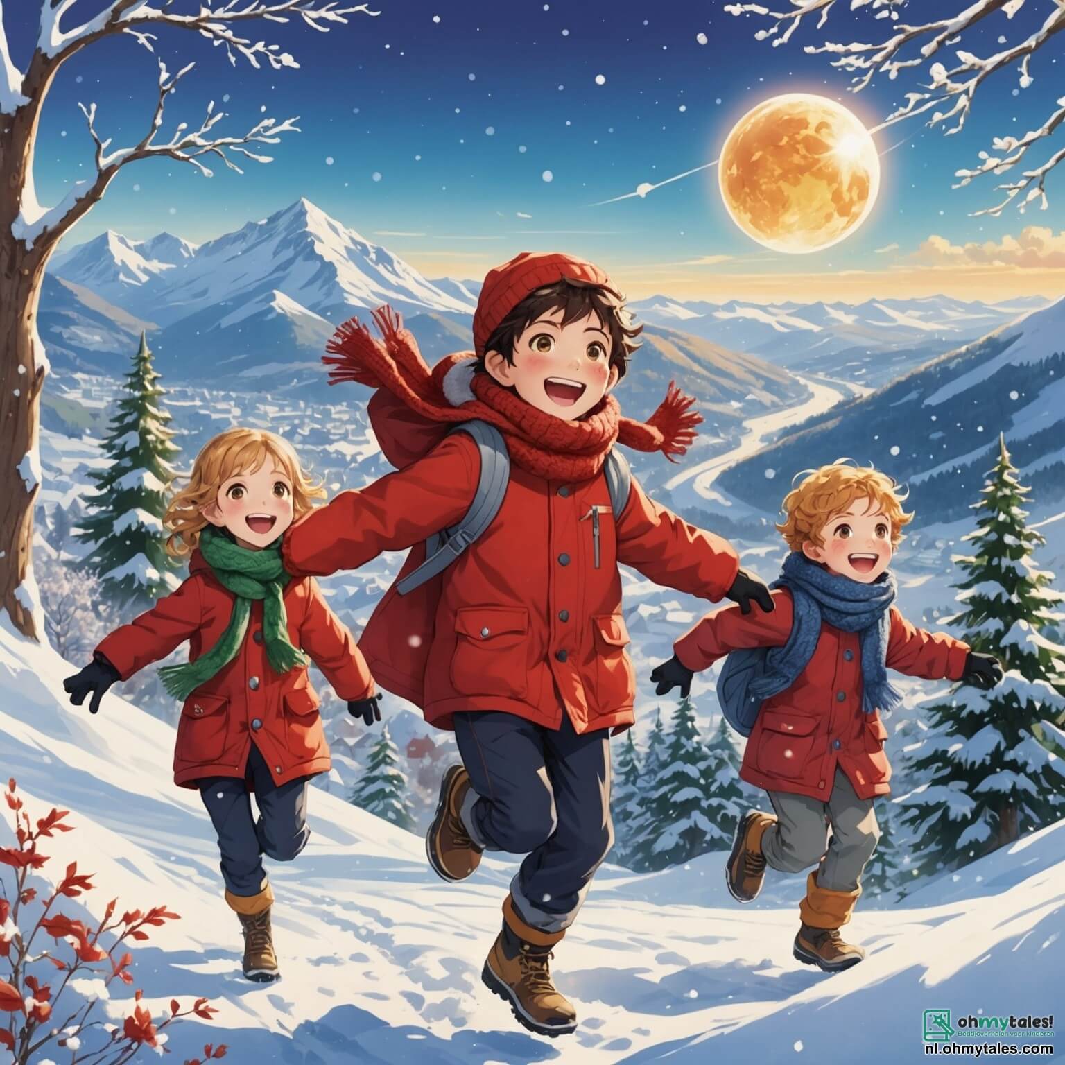 Une illustration destinée aux enfants représentant un garçon aux yeux pétillants de joie, vêtu d'une épaisse parka rouge et d'une écharpe tricotée, s'élançant dans un paysage hivernal féérique où la neige scintille comme des diamants sous le soleil, entouré de ses amis, une fille aux boucles dorées et un garçon au sourire espiègle, tous trois riant aux éclats tout en construisant une immense et joyeuse neige, dans un parc enchanteur où des arbres majestueux, drapés de blanc, se dressent fièrement, et où le doux murmure d'un ruisseau gelé se mêle aux cris de bonheur des enfants, créant une atmosphère magique et chaleureuse au cœur de l'hiver.