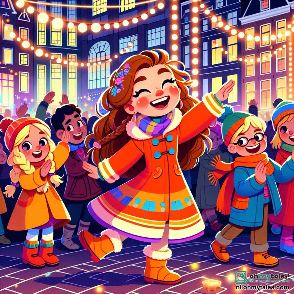 Une illustration sous forme de dessin destinée aux enfants représentant une scène animée sur le Leidseplein à Amsterdam, où une fille de 10 ans aux cheveux bruns et longs, vêtue d'un manteau coloré, danse joyeusement au milieu de la foule, entourée de lumières scintillantes et de décorations festives, tandis qu'un groupe d'enfants, dont une fille aux cheveux blonds en tresse et un garçon aux lunettes, applaudit et rit, tous impatients de célébrer la nouvelle année avec des poffertjes et des feux d'artifice illuminant le ciel nocturne.
