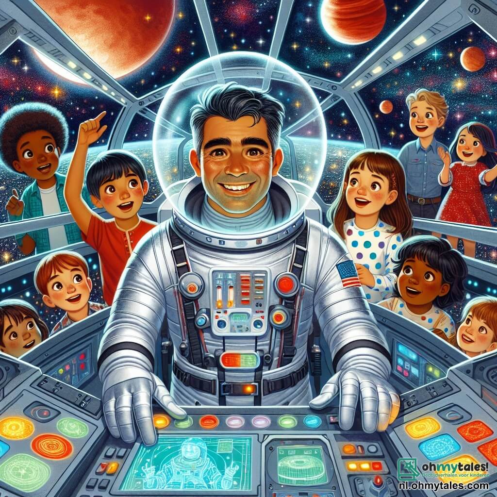 Illustratie van een uitgestrekt en schitterend interstellaire ruimte, vol met heldere sterren en kleurrijke planeten. In het midden van de afbeelding staat een man met een glimlachend gezicht, gekleed in een zilveren ruimtepak en een doorzichtige helm, binnenin zijn ruimteschip. Zijn ogen twinkelen van opwinding terwijl hij de bedieningselementen van zijn dashboard aanpast, omringd door heldere knoppen en schermen die sterrenkaarten tonen. Naast hem kijkt een groep van vier kinderen, twee jongens en twee meisjes, van ongeveer 8 tot 10 jaar, verwonderd door de grote ramen van het schip. De jongen met bruin haar draagt een rode t-shirt en een korte broek, terwijl het meisje met blond haar een blauwe jurk met stippen aan heeft. De andere twee kinderen, een jongen met zwart haar en een meisje met kastanjebruin haar, zijn gekleed in kleurrijke ruimtepakken. Ze wijzen naar een heldere rode planeet die door het raam zichtbaar is. De hoofdscène toont het moment waarop het ruimteschip zich een fascinerende planeet nadert, terwijl de kinderen hun vreugde en nieuwsgierigheid uiten, dromend van de avonturen die hen te wachten staan. Fonkelende sterren en kleurrijke nevels voegen een magische touch toe aan deze scène van ruimteverkenning.
