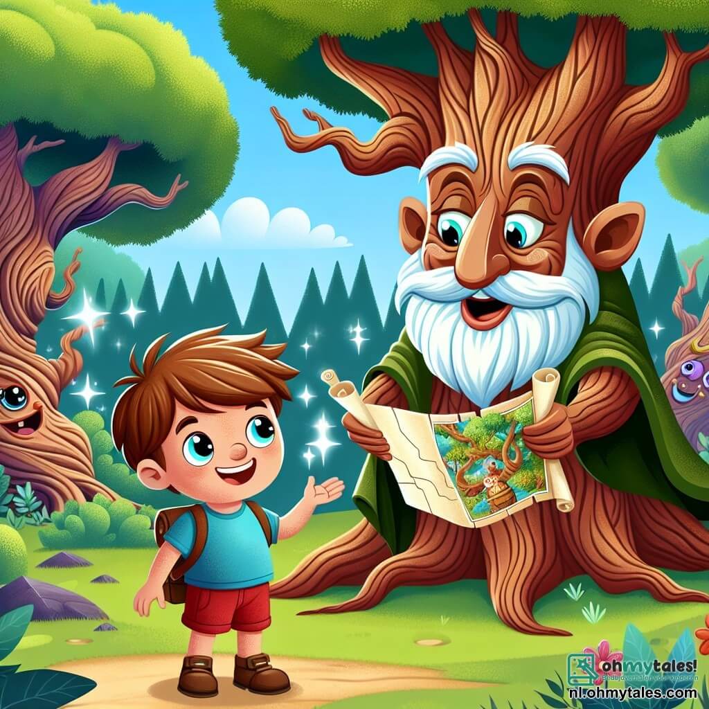 Une illustration sous forme de dessin destinée aux enfants représentant un parc magique aux arbres géants aux feuilles scintillantes, où un garçon de 5 ans aux cheveux châtains et aux yeux pétillants, vêtu d'un t-shirt bleu et d'un short rouge, tient une carte magique dans ses mains, tandis qu'une vieille arbre aux traits souriants, avec un visage ridé et des branches accueillantes, lui parle de la quête pour retrouver une schatkist volée par des petits êtres espiègles aux yeux ronds et aux rires cristallins, créant une atmosphère d'aventure et de mystère.