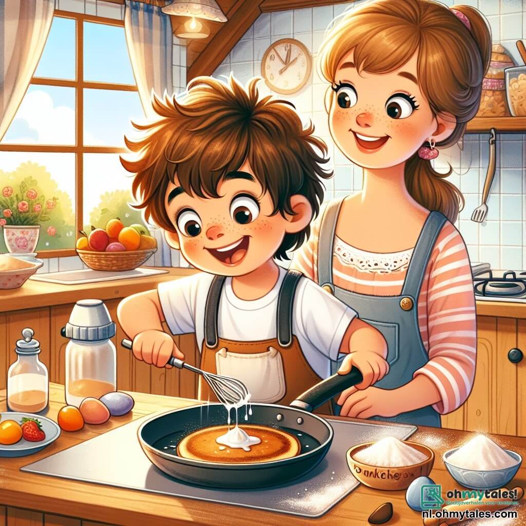 Une illustration sous forme de dessin destinée aux enfants représentant une cuisine chaleureuse et ensoleillée, avec un garçon de 10 ans aux cheveux bruns en bataille, portant un grand tablier, riant tout en essayant de retourner une pannenkoek dans une poêle, tandis qu'une femme souriante, sa mère, aux cheveux châtains et aux yeux pétillants, l'observe avec tendresse, entourés de farine éparpillée et de fruits colorés, illustrant le moment joyeux où le garçon prépare une surprise pour la fête des mères.
