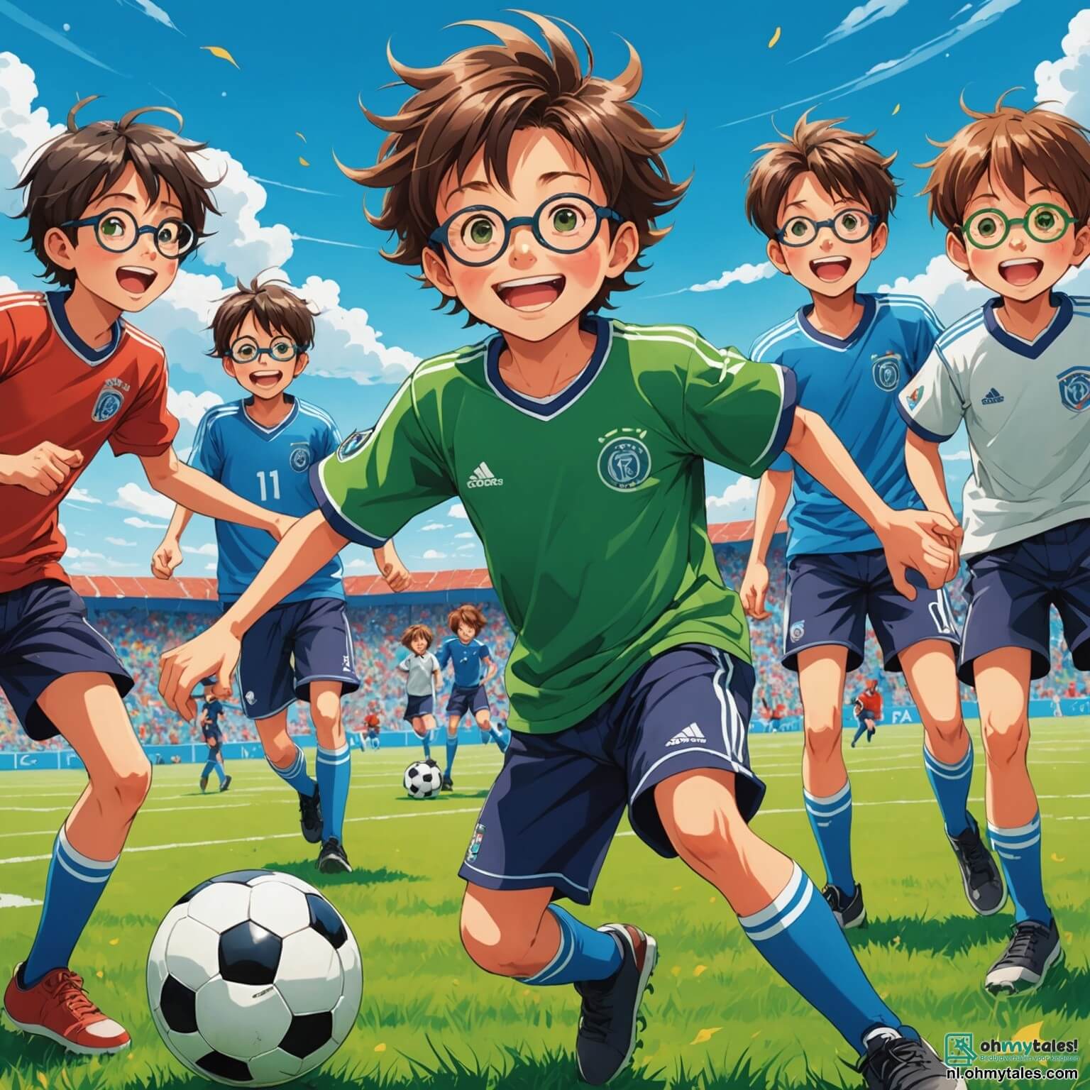 Une illustration destinée aux enfants représentant un jeune garçon aux cheveux ébouriffés, débordant d'énergie et de passion pour le football, dribblant avec agilité sur un terrain verdoyant, entouré de ses amis, dont un garçon à lunettes qui l'encourage avec enthousiasme et une fille aux couettes qui lui lance la balle avec un sourire éclatant, sous un ciel bleu azur parsemé de nuages cotonneux, tandis que des spectateurs enthousiastes, comprenant des familles et des enfants, se rassemblent sur les bancs en bois, créant une atmosphère vibrante et joyeuse, alors que le jeune garçon rêve de devenir un grand footballeur tout en apprenant l'importance de l'amitié et du travail d'équipe.