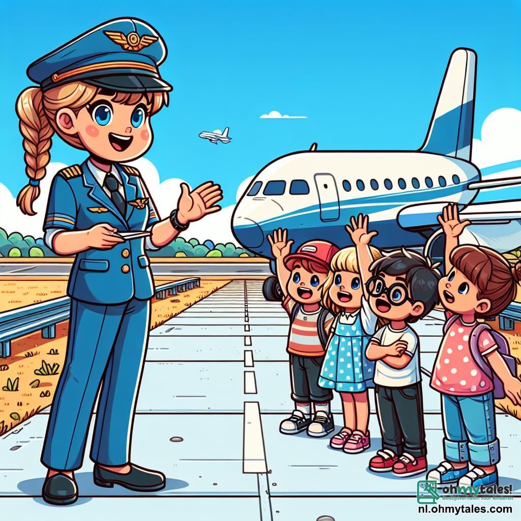 Une illustration sous forme de dessin destinée aux enfants représentant une scène colorée sur une grande piste d'atterrissage ensoleillée, où une pilote souriante, une femme aux cheveux bruns attachés en chignon et portant un uniforme bleu avec une casquette, explique avec enthousiasme le fonctionnement d'un avion à un groupe de cinq enfants : une fille aux cheveux blonds en tresse, un garçon avec une casquette rouge, une fille avec une robe à pois, un garçon aux lunettes et une fille avec des couettes, tous captivés et levant les mains pour poser des questions, tandis qu'un grand avion blanc et bleu se trouve en arrière-plan, prêt à décoller.