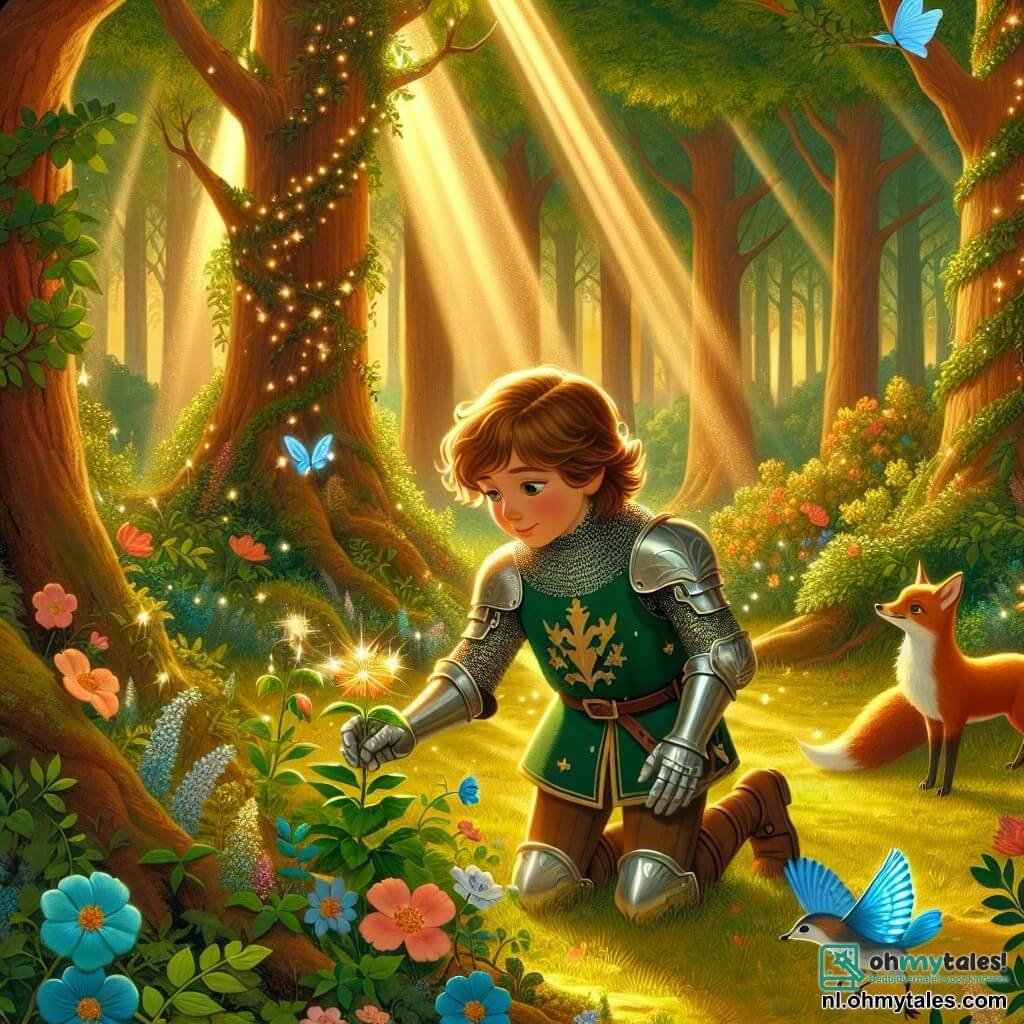 Illustratie van een betoverende open plek in het hart van een dicht bos, baad in gouden licht. Majestueuze bomen met dikke stammen omringen de ruimte, hun groene bladeren schitterend onder de zon. In het midden staat een dappere ridder, een jonge jongen van ongeveer 12 jaar, in een glanzende harnas versierd met bloemmotieven. Hij heeft kastanjebruin, licht krullend haar en een vastberaden blik. Voorzichtig buigt hij zich om een prachtige bloem met glinsterende bloemblaadjes te plukken, die een zachte en magische gloed uitstraalt. Naast hem zingt een kleine blauwe vogel vrolijk, zijn stralende veren contrasterend met het groen van het bos. Een slimme vos, met een roestkleurige vacht en ondeugende ogen, observeert de scène vanuit een struik, klaar om de jonge ridder te helpen in zijn queeste. De sfeer is doordrenkt met een voelbare magie, met zonnestralen die door de takken filteren en de scène verlichten met een warme gloed. Kleurrijke bloemen en vlinders dansen om hen heen, wat een vleugje vreugde toevoegt aan dit heroïsche avontuur.
