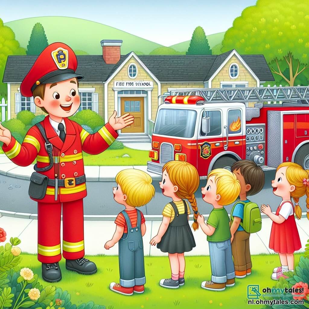 Une illustration sous forme de dessin destinée aux enfants représentant une scène animée à l'extérieur d'une charmante petite école avec un grand jardin verdoyant, où un homme en uniforme de pompier rouge, portant une grande casquette et un sourire chaleureux, explique avec enthousiasme son métier à un groupe de cinq enfants, dont trois garçons aux cheveux blonds et un garçon aux cheveux bruns, ainsi qu'une fille aux cheveux tressés, tous captivés par ses histoires sur les camions de pompiers et les sauvetages, tandis qu'une grande camion de pompier rouge est garée à côté, avec une échelle déployée et une sirène brillante, créant une atmosphère joyeuse et éducative.