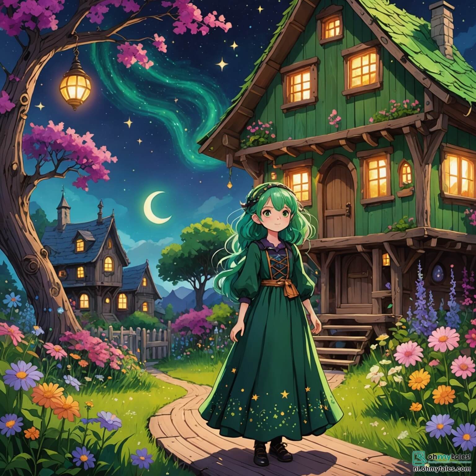 Une illustration destinée aux enfants représentant une jeune sorcière aux cheveux verts en désordre, portant une longue robe chatoyante ornée d'étoiles scintillantes, se tenant devant sa maison en bois tordue, entourée de fleurs chantantes aux couleurs éclatantes dans le royaume envoûtant de Wazigwand, où elle, pleine de curiosité et d'énergie, se lance dans une quête magique pour découvrir des bonbons ensorcelés et faire rire ses amis, un petit sorcier aux lunettes rondes et une elfe pétillante aux ailes brillantes, tout en survolant une cascade arc-en-ciel qui déverse des gouttes lumineuses dans un ciel violet parsemé d'étoiles.