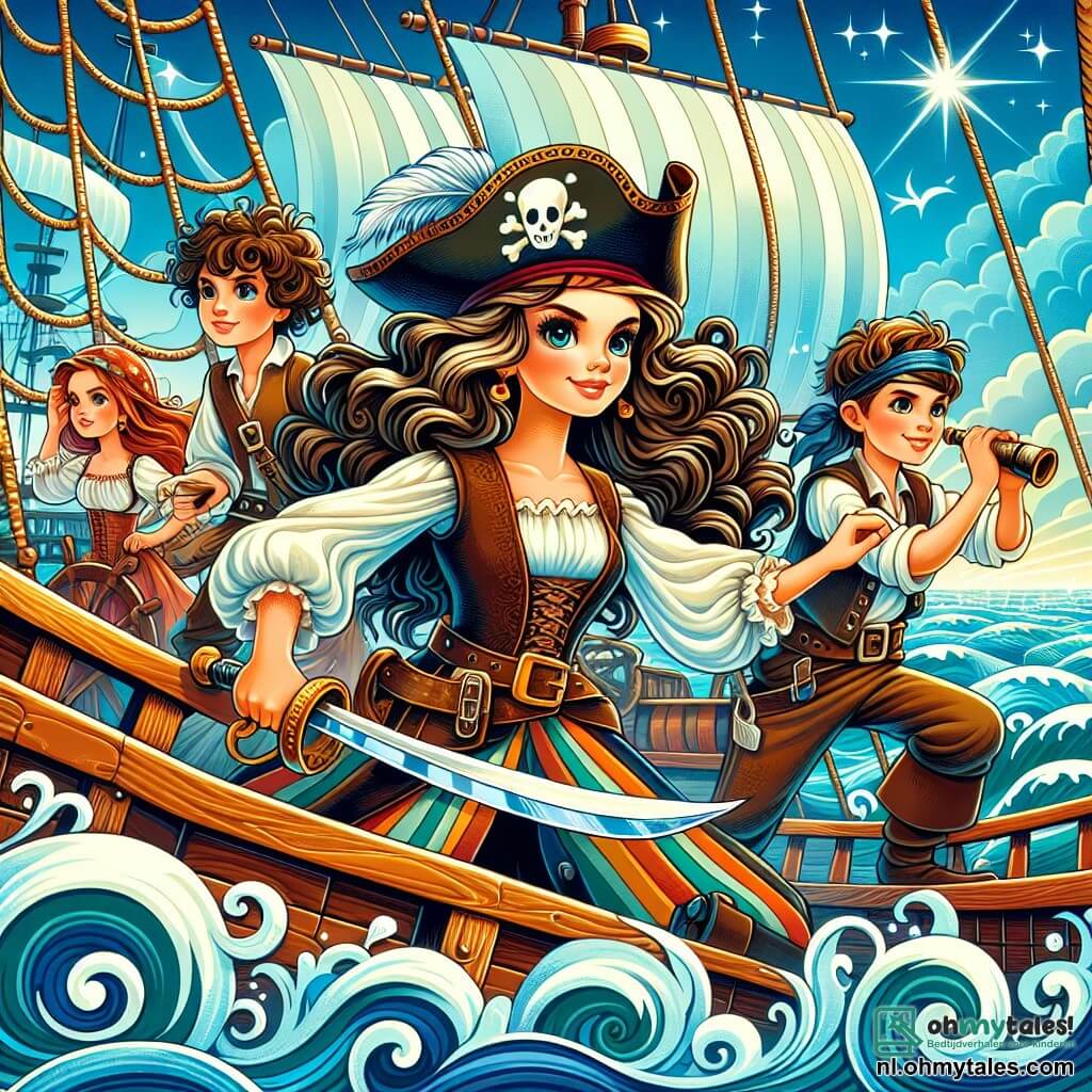 Une illustration sous forme de dessin destinée aux enfants représentant une scène vibrante sur un bateau pirate, avec une femme pirate courageuse aux cheveux longs et ondulés, portant un chapeau de pirate et brandissant un sabre, entourée de deux matelots : un garçon aux cheveux bouclés qui scrute l'horizon avec une longue-vue et une fille musclée qui prépare des canons, alors qu'ils se préparent à affronter un autre navire pirate menaçant à l'horizon, sous un ciel bleu éclatant et des vagues scintillantes.