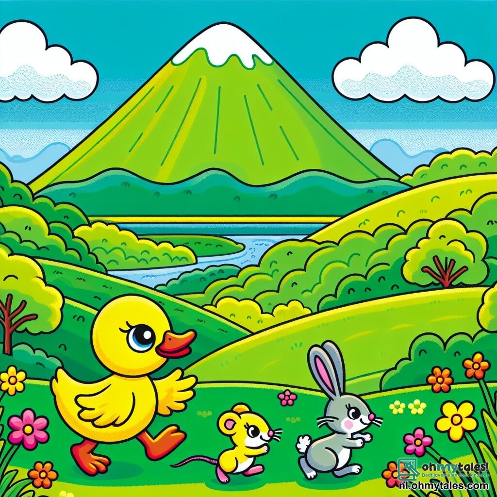 Une illustration sous forme de dessin destinée aux enfants représentant une belle vallée verdoyante avec une grande colline en arrière-plan, où un canard jaune aux plumes brillantes, déterminé et joyeux, avance courageusement en tête, suivi par une petite souris aux yeux curieux et un lapin aux grandes oreilles, tous trois s'encourageant mutuellement alors qu'ils s'apprêtent à gravir la colline pour découvrir le monde qui les attend au sommet, sous un ciel bleu parsemé de nuages blancs et des fleurs colorées qui dansent dans la brise.