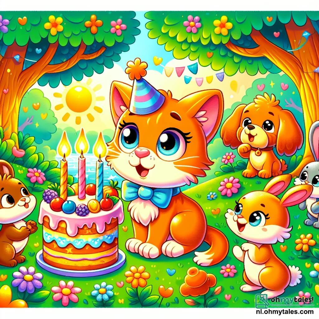 Une illustration sous forme de dessin destinée aux enfants représentant une clairière ensoleillée dans une forêt colorée, où un chat orange à la fourrure brillante et portant un petit nœud bleu s'apprête à souffler sur des bougies d'une grande gâteau d'anniversaire décoré de fleurs et de fruits, entouré de ses amis : un chien aux grandes oreilles et à la queue frétillante, qui applaudit joyeusement, et une bande de petits lapins aux yeux pétillants, qui sautillent d'excitation, tous célébrant ensemble un moment de bonheur et d'amitié.