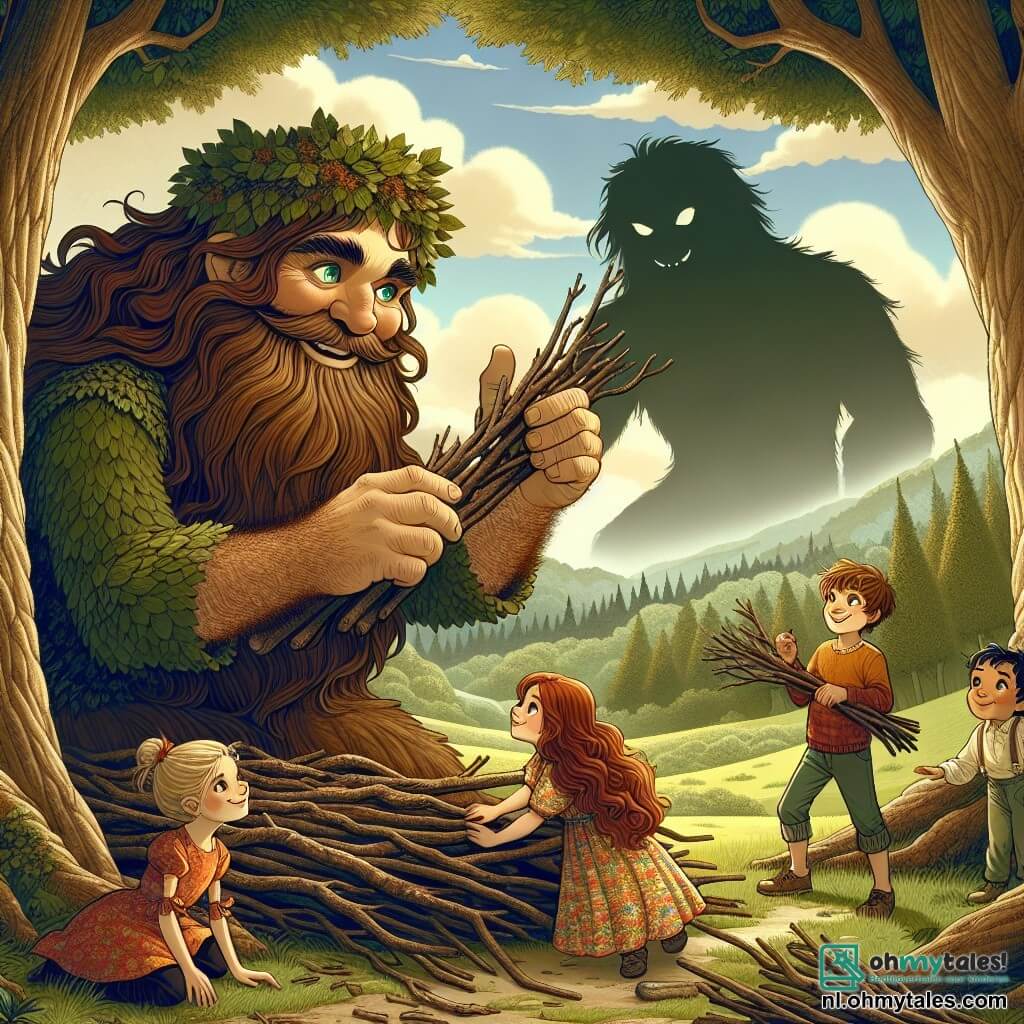 Une illustration sous forme de dessin destinée aux enfants représentant une vaste et enchantée clairière bordée d'arbres majestueux, où un géant au visage amical, avec une grande barbe touffue et des yeux pétillants, construit un immense abri en bois avec des branches et des feuilles, tandis qu'une fille aux cheveux longs et ondulés, vêtue d'une robe colorée, l'aide en tendant des petites branches, et un garçon aux yeux brillants et aux cheveux bouclés observe avec émerveillement, tous unis dans un moment de camaraderie et de créativité face à une ombre menaçante qui plane au loin.