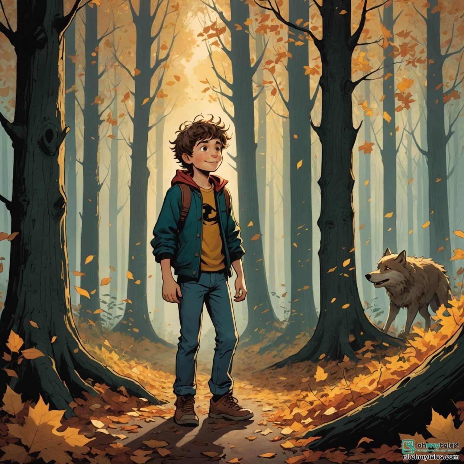 Une illustration destinée aux enfants représentant un garçon au regard déterminé, avec des cheveux ébouriffés et un sourire audacieux, se tenant au bord d'un mystérieux et sombre bois où les arbres, hauts comme des géants, se penchent légèrement sous le poids d'une brume légère, tandis qu'une lumière dorée filtre à travers les feuilles, créant des ombres dansantes sur le sol recouvert de feuilles mortes, alors qu'il se prépare à affronter un grand méchant loup, une créature imposante aux yeux flamboyants et aux crocs acérés, qui rôde dans les profondeurs de la forêt, tandis qu'une douce voix de sa mère, une femme au visage inquiet et aux bras protecteurs, résonne encore dans son esprit, lui rappelant de rester prudent dans cette aventure palpitante et effrayante.