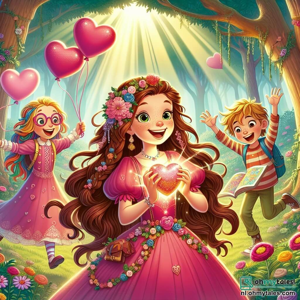 Une illustration sous forme de dessin destinée aux enfants représentant une clairière enchantée dans un forêt magique, où une fille de 11 ans aux longs cheveux châtains tressés, vêtue d'une robe rose ornée de fleurs, sourit joyeusement en tenant un cœur scintillant, entourée de ses amis : un garçon aux cheveux blonds et aux lunettes, qui rit en faisant des gestes comiques, et une fille aux cheveux bouclés et colorés, qui tient une carte colorée, tous célébrant ensemble leur aventure de chasse aux trésors pour la Saint-Valentin, avec des ballons en forme de cœur flottant dans l'air et des rayons de soleil filtrant à travers les arbres.