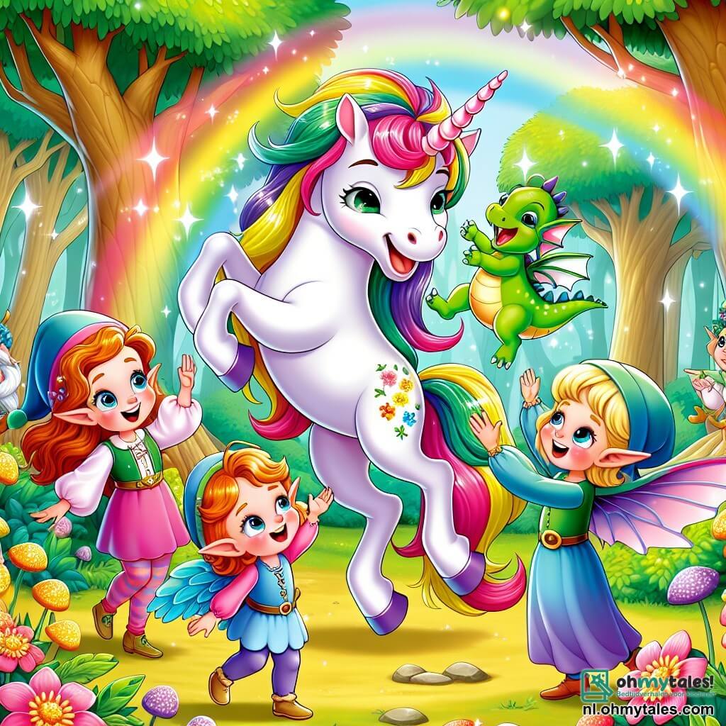 Une illustration sous forme de dessin destinée aux enfants représentant une forêt enchantée de Glimmerland, où une joyeuse licorne aux crins arc-en-ciel et à la corne rose danse avec un petit dragon vert aux yeux pétillants, tandis qu'un groupe d'elfes aux ailes scintillantes les observe en riant, tous réunis pour célébrer la découverte d'une précieuse Gouden Dobbelsteen, entourés de fleurs colorées qui semblent chanter et d'arbres majestueux illuminés par la lumière du soleil.