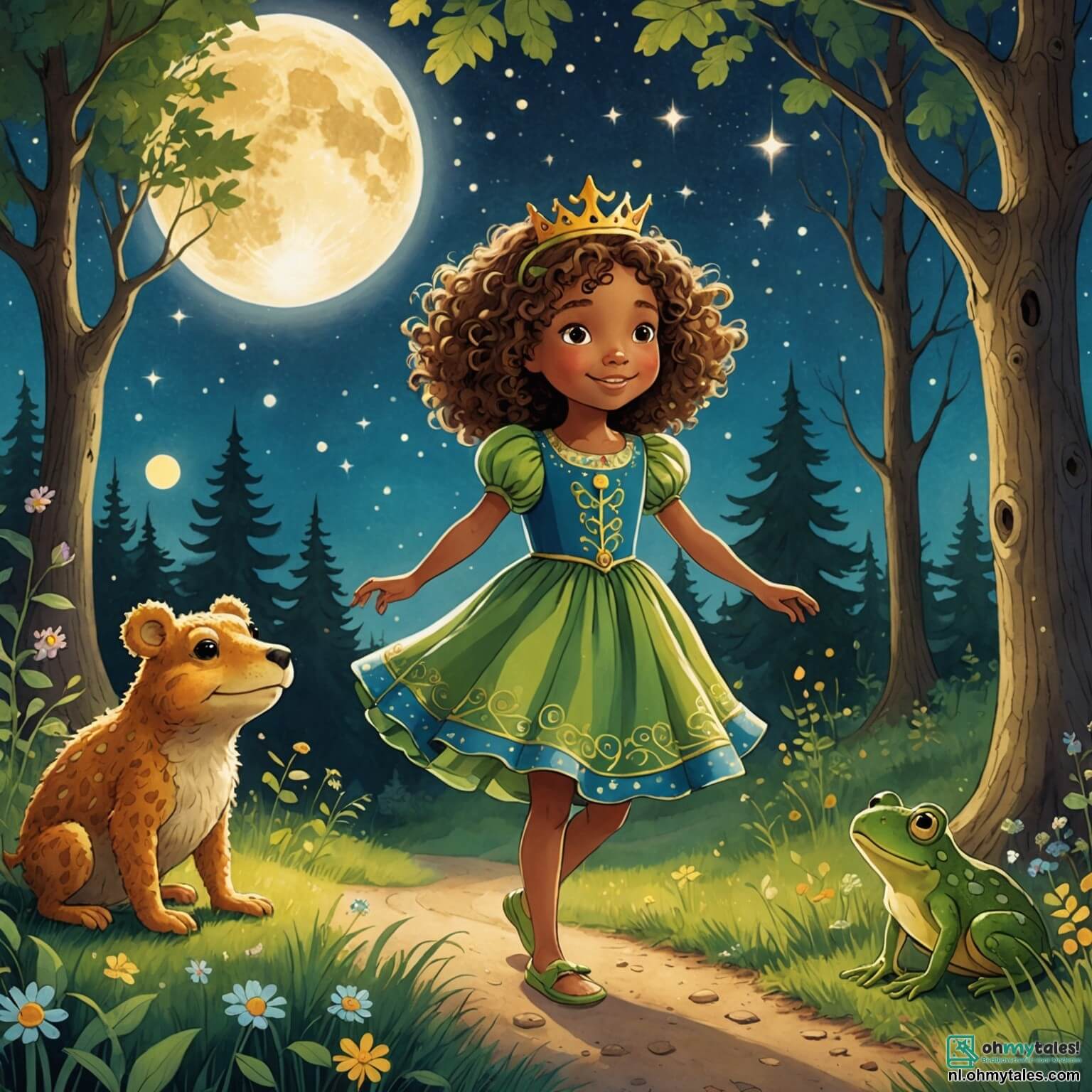 Une illustration destinée aux enfants représentant une petite fille aux cheveux bouclés et à la robe colorée, pleine de curiosité, qui se retrouve dans une clairière enchantée du bois, où des pattes vertes et dorées dansent joyeusement autour d'elle, tandis qu'un roi grenouille à la couronne scintillante et un petit ours en peluche timide l'encouragent à participer à un festival de danse magique sous un ciel étoilé, illuminé par la lune, où les fleurs multicolores semblent s'agiter au rythme de la musique joyeuse.