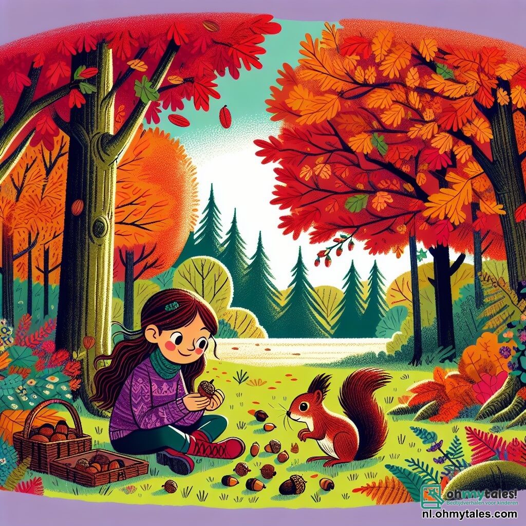 Une illustration sous forme de dessin destinée aux enfants représentant une clairière ensoleillée au cœur d'une forêt d'automne, avec des arbres aux feuilles flamboyantes de rouge, orange et jaune, où une fille de 7 ans aux longs cheveux châtains, portant un pull violet et des bottes, est assise sur le sol en train de ramasser des glands, tandis qu'un petit écureuil au pelage brun et à la queue touffue l'observe curieusement depuis une branche, illustrant un moment de complicité et d'aventure dans la nature.