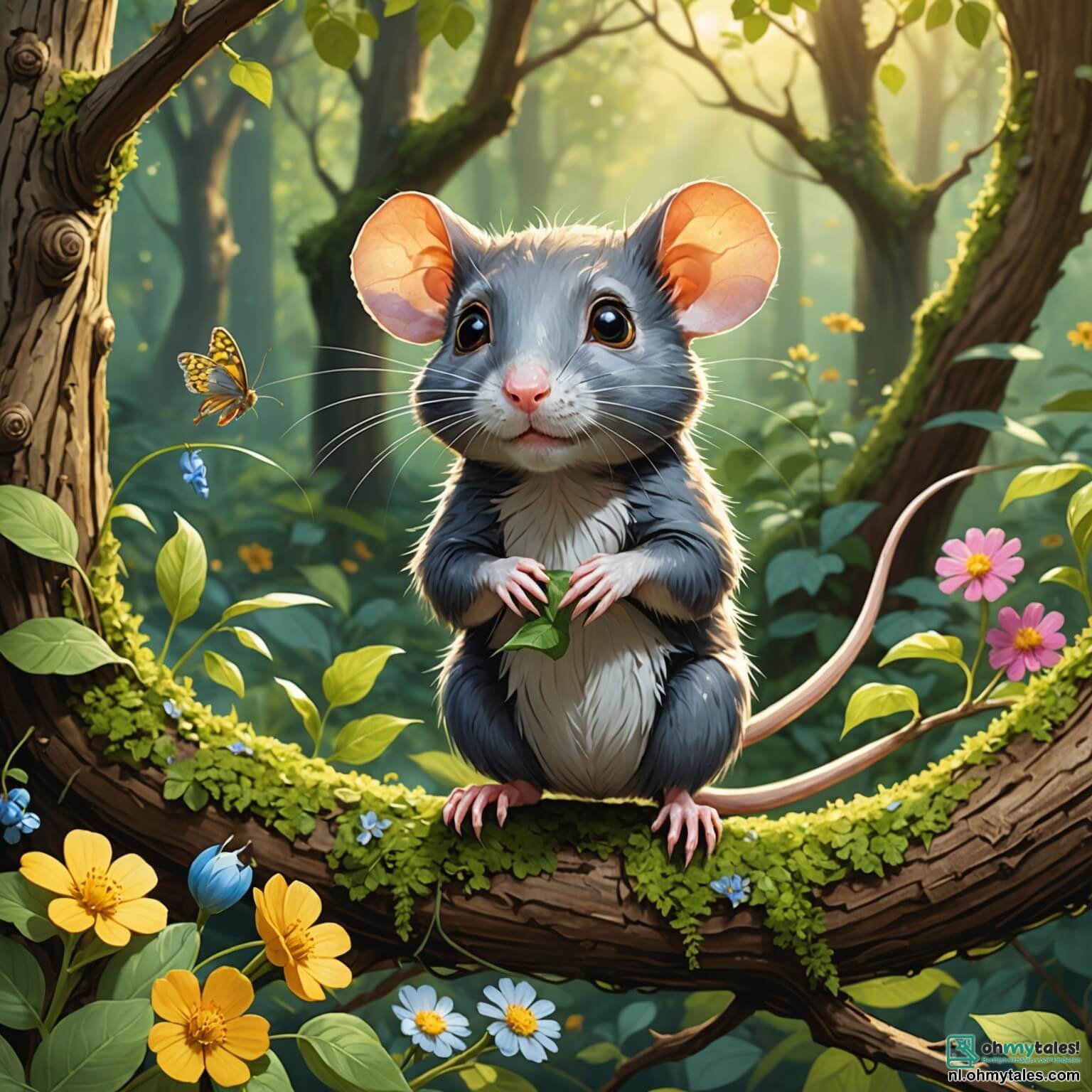 Une illustration destinée aux enfants représentant un petit rat au pelage soyeux et aux yeux pétillants de malice, se faufilant avec agilité à travers une forêt enchantée où les rayons du soleil filtrent à travers les feuillages verdoyants, illuminant des fleurs colorées qui dansent doucement au gré du vent, tandis que ce rat curieux, en quête d'une délicieuse odeur de fromage, croise le chemin d'une sage chouette perchée sur une branche noueuse d'un grand chêne, et d'une petite souris timide qui vit dans un charmant maisonnette aux murs fleuris, où l'aventure de la recherche de fromage et de l'amitié prend vie dans ce décor féerique.