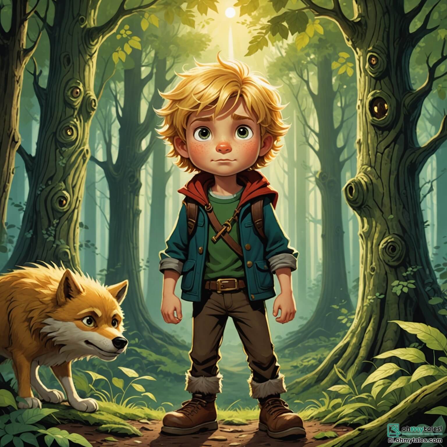 Une illustration destinée aux enfants représentant un courageux petit garçon aux cheveux dorés et aux yeux pétillants, se tenant fermement au milieu d'une forêt enchantée où les rayons du soleil filtrent à travers les feuillages verdoyants, entouré de grands arbres aux troncs noueux et aux branches entrelacées, tandis qu'il fait face à un grand méchant loup à la fourrure hirsute et aux yeux perçants, qui, bien que redouté par tous, commence à montrer des signes de curiosité et de gentillesse, tandis qu'un fidèle ours en peluche, son compagnon de toujours, l'encourage silencieusement à surmonter sa peur et à découvrir la véritable nature de l'amitié dans ce lieu mystérieux rempli de chants d'oiseaux et de doux murmures du vent.