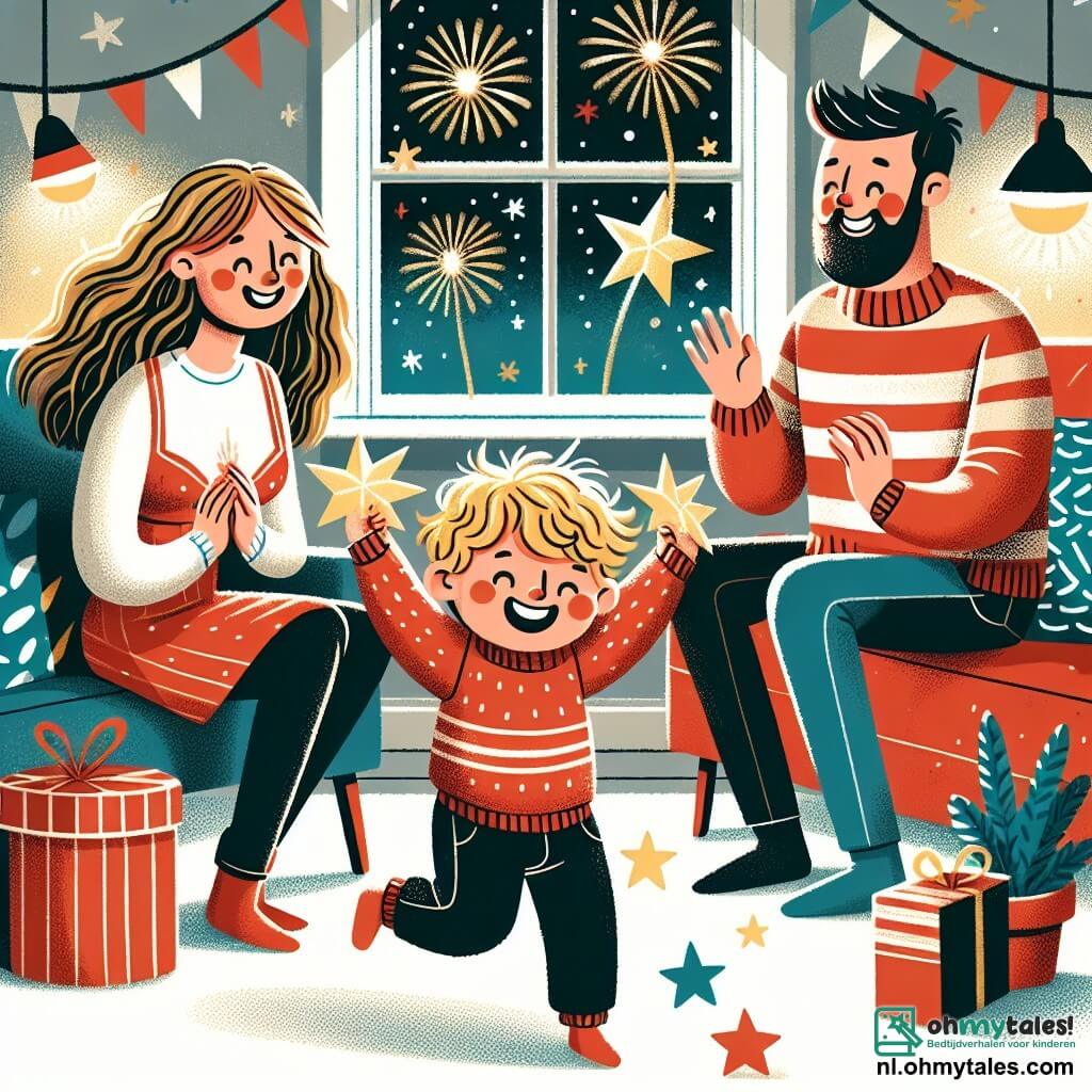 Une illustration sous forme de dessin destinée aux enfants représentant une chaleureuse salle de séjour décorée pour le Nouvel An, avec un petit garçon de 3 ans aux cheveux blonds et bouclés, vêtu d'un pull rouge, sautillant de joie tout en tenant des étoiles en papier qu'il vient de fabriquer, entouré de ses parents, une maman aux cheveux bruns et longs portant une robe festive, et un papa avec une barbe rousse et un pull à rayures, tous deux souriants et dansant ensemble, tandis qu'à l'extérieur, des feux d'artifice illuminent le ciel nocturne, créant une ambiance festive et magique.