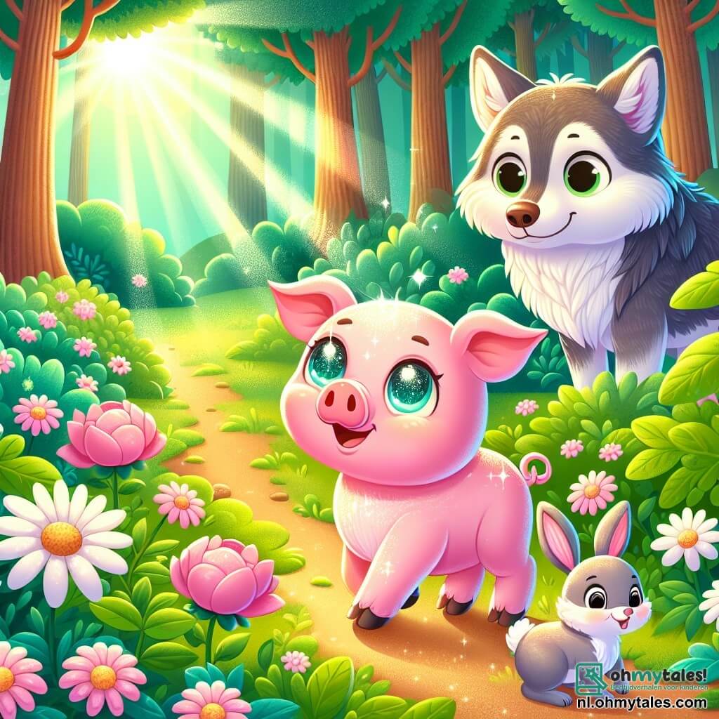 Une illustration sous forme de dessin destinée aux enfants représentant une scène enchanteresse d'une forêt magique, où un petit cochon rose aux yeux pétillants et à la peau luisante explore joyeusement un sentier fleuri, accompagné de son ami un adorable lapin aux grandes oreilles et au pelage doux, tandis qu'un loup au regard amical les observe avec curiosité, tous trois partageant un moment de découverte et d'amitié au milieu des arbres majestueux et des rayons de soleil filtrant à travers le feuillage.