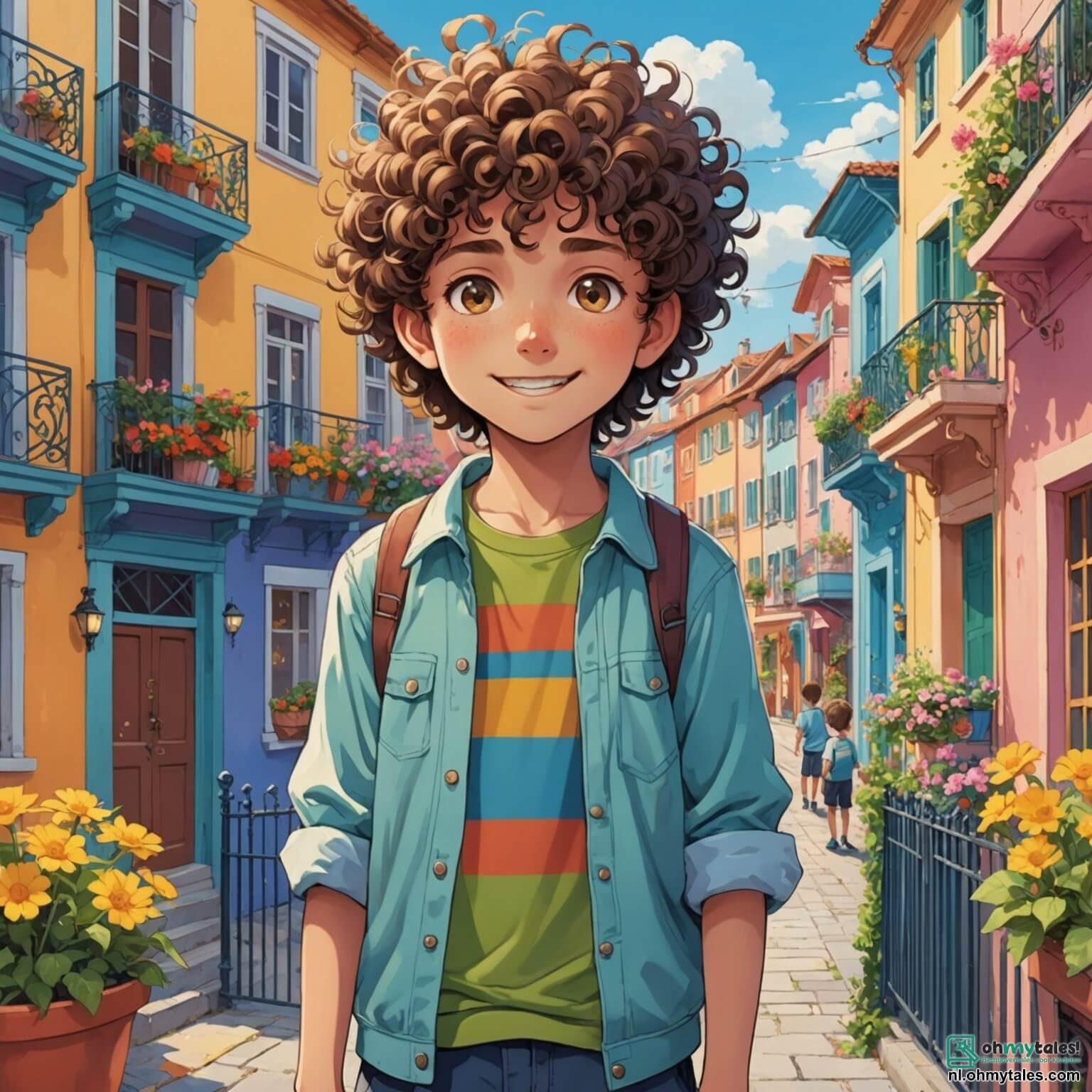 Une illustration destinée aux enfants représentant un garçon aux cheveux bouclés et aux yeux pétillants, débordant d'énergie et de curiosité, se tenant au milieu d'un quartier coloré où les maisons aux façades pastel se côtoient, ornées de fleurs éclatantes et de balcons en fer forgé, alors qu'il fait la connaissance d'un nouvel ami, un garçon au teint doré et au sourire chaleureux, tous deux entourés de leurs camarades de jeu, dans une ambiance joyeuse et accueillante, où les rires résonnent et les différences culturelles se mêlent harmonieusement sous le ciel bleu azur, créant ainsi un tableau vivant de diversité et d'amitié.