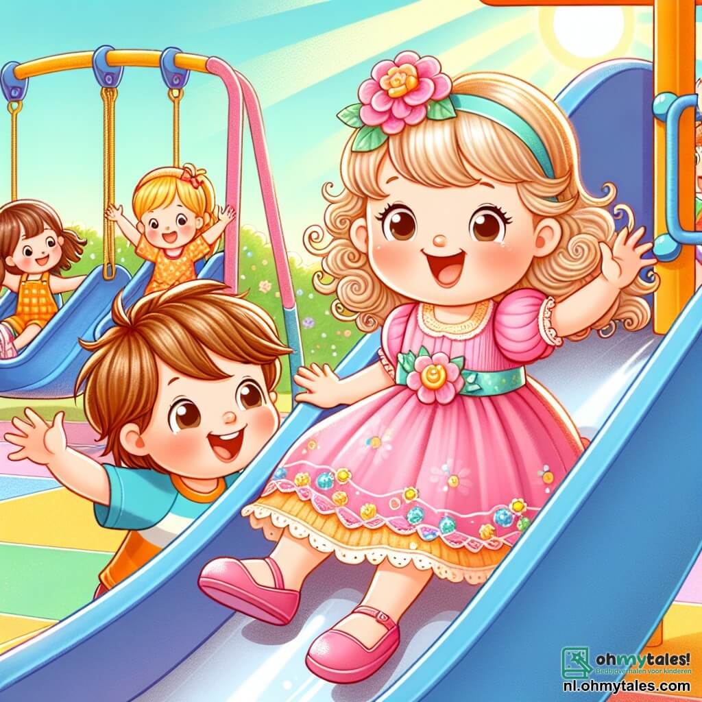 Une illustration sous forme de dessin destinée aux enfants représentant une joyeuse scène dans une colorée aire de jeux ensoleillée, où une petite fille de 3 ans aux cheveux blonds bouclés et portant une jolie robe rose avec une grande fleur, rit aux éclats en glissant sur une glissade, tandis qu'un garçon de 4 ans aux cheveux bruns en bataille et portant un t-shirt bleu l'encourage en bas de la glissade, et une autre petite fille de 4 ans en robe orange sourit en attendant son tour, le tout entouré de balançoires, de jeux colorés et d'un ciel bleu éclatant, illustrant l'amitié et le bonheur partagé.