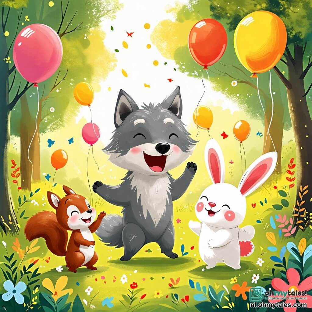 Une illustration sous forme de dessin destinée aux enfants représentant une clairière ensoleillée dans une forêt verdoyante, où un grand loup au pelage gris et aux yeux pétillants, avec de la pâte à gâteau sur le nez, danse joyeusement en riant, tandis qu'une petite eekhoorn brune aux grandes oreilles saute autour de lui, et un adorable lapin blanc aux joues roses applaudit en souriant, le tout dans une ambiance festive pleine de couleurs vives et de ballons flottants.