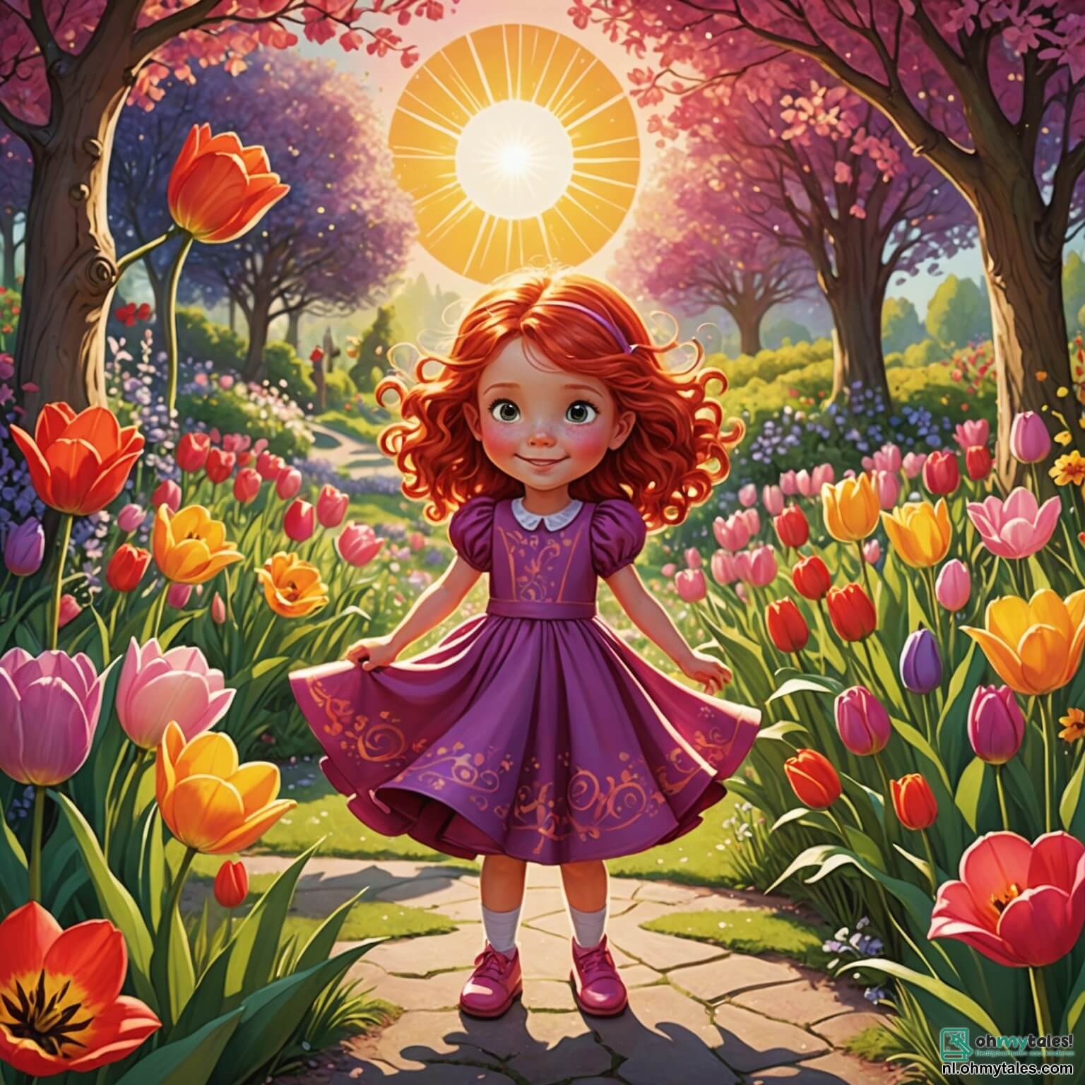 Une illustration destinée aux enfants représentant une petite fille aux yeux pétillants et à la chevelure flamboyante, vêtue d'une robe rose scintillante, se tenant au milieu d'un jardin enchanté où les fleurs dansent et tourbillonnent autour d'elle, tandis qu'un grand soleil souriant éclaire la scène, et où des amis colorés tels qu'une joyeuse tulipe rouge, un soleil radieux et une délicate violette l'entourent, alors qu'elle tente de maîtriser sa première formule magique pour faire danser les fleurs, créant ainsi une ambiance ludique et ensorcelante au cœur de ce lieu féerique rempli de couleurs éclatantes et de doux parfums floraux.