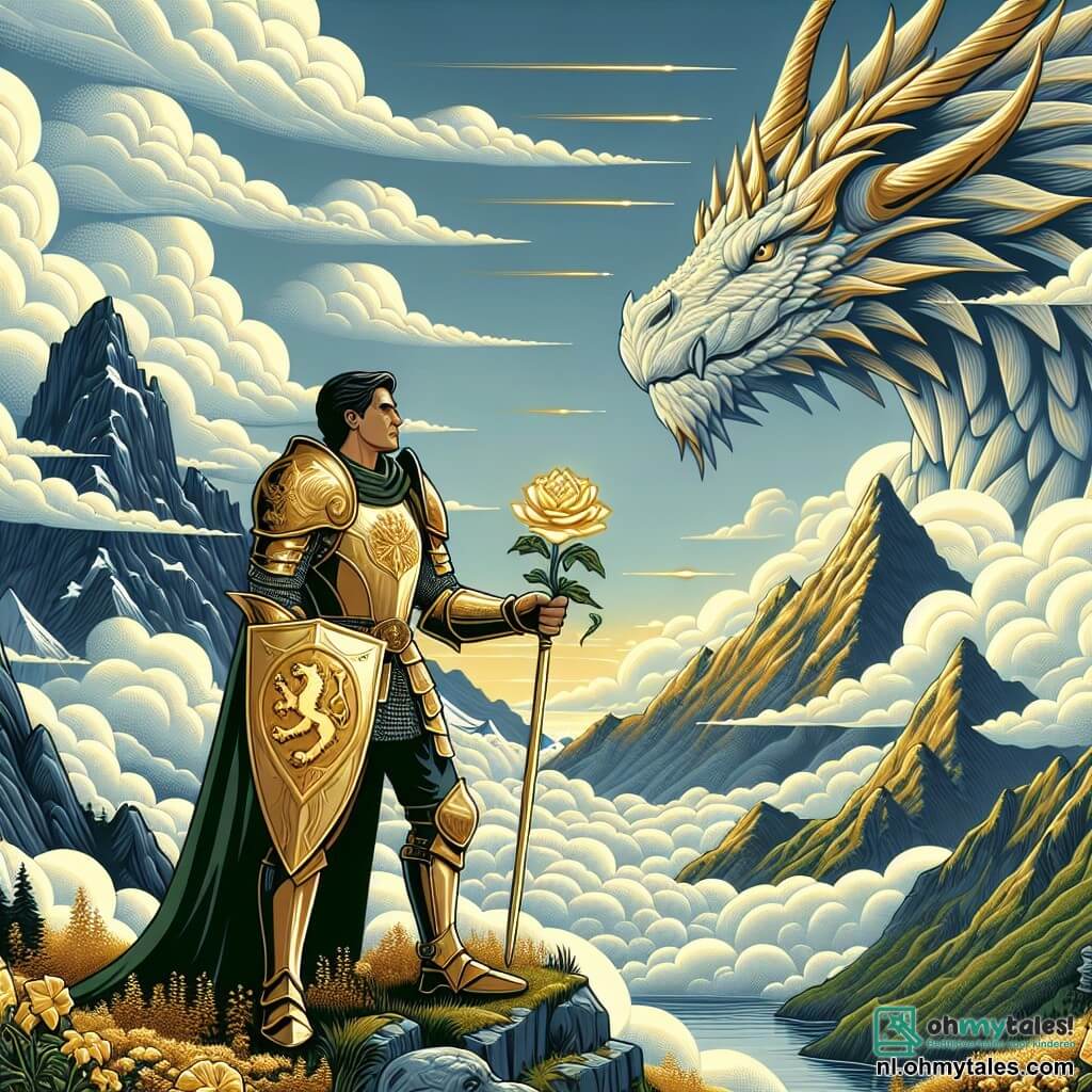 Illustratie van een majestueus landschap op de top van een berg, waar donzige wolken rond steile pieken zweven. In het midden staat een dappere ridder, een man van ongeveer dertig jaar, in een glanzend harnas dat onder de zon straalt, met een schild versierd met een leeuwensymbool. Hij staat trots en vastberaden, met een prachtige gouden bloem in zijn hand, symbool van hoop en genezing. Naast hem staat een grote majestueuze schepsel, een draak met groene en gouden schubben, die de ridder nieuwsgierig observeert. De draak heeft doordringende ogen en een uitdrukking die zowel bedreigend als intrigerend is, alsof hij zich afvraagt of deze ridder echt waardig is om de bloem te ontvangen. De scène vangt het moment waarop de ridder, na een lange reis, tegenover de draak staat, klaar om zijn waarde te bewijzen en zijn koninkrijk te verdedigen. Op de achtergrond rijzen imposante bergen op, terwijl zonnestralen door de wolken breken en de scène verlichten met een gouden licht. Kleurrijke bloemen en steile rotsen voegen leven toe aan dit fantastische decor.