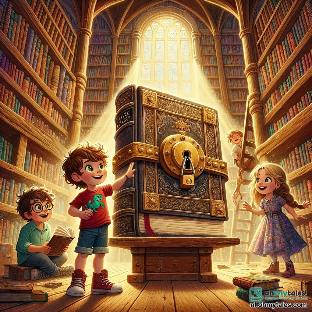 Illustratie van een magische scène in een grote oude bibliotheek. De muren zijn bedekt met boeken met kleurrijke kaften, en hoge houten planken reiken tot aan het plafond, wat een mysterieuze sfeer creëert. In het midden van de kamer ligt een groot oud boek, versierd met een gouden slot, op een houten tafel. De hoofdpersoon is een 5-jarig jongetje met rommelig bruin haar en nieuwsgierige ogen. Hij draagt een rode t-shirt met een dinosaurusafbeelding en een spijkerbroekshort. Hij zit op zijn hurken en houdt een klein stoffig boek in zijn handen, terwijl hij verwonderd naar het gouden slot van het grote boek kijkt. Naast hem staan twee nevenpersonages: een 5-jarig meisje met gevlochten blond haar en een kleurrijke bloemenjurk, die met een enthousiaste glimlach naar het boek kijkt, en een 6-jarig jongetje met ronde bril en kastanjebruin haar, die met zijn vinger naar een mysterieuze illustratie in het boek wijst. De situatie toont de kinderen die een oud boek vol geheimen ontdekken, klaar om het mysterie van een verborgen sleutel op te lossen. Extra grafische elementen zijn lichtstralen die door de ramen filteren, de stof in de lucht verlichten, en verspreide papieren bladeren om hen heen, wat bijdraagt aan de sfeer van avontuur en ontdekking.