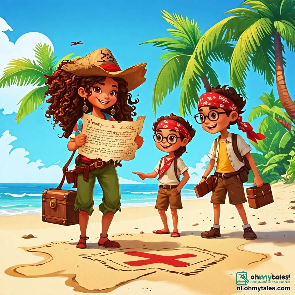 Une illustration sous forme de dessin destinée aux enfants représentant une plage ensoleillée avec des palmiers verdoyants et un ciel bleu azur, où une jeune femme aux cheveux longs et bouclés, vêtue d'un pantalon de pirate et d'un haut coloré, tient une vieille carte au trésor avec un grand sourire, tandis qu'un garçon aux cheveux courts et espiègles, portant un bandana rouge, observe avec émerveillement, et une fille aux lunettes et aux cheveux tressés, tenant un petit coffre en bois, s'approche d'eux, alors qu'ils découvrent ensemble une mystérieuse X marquée sur le sable, symbolisant le début de leur aventure à la recherche d'une légendaire trésor de pirate.