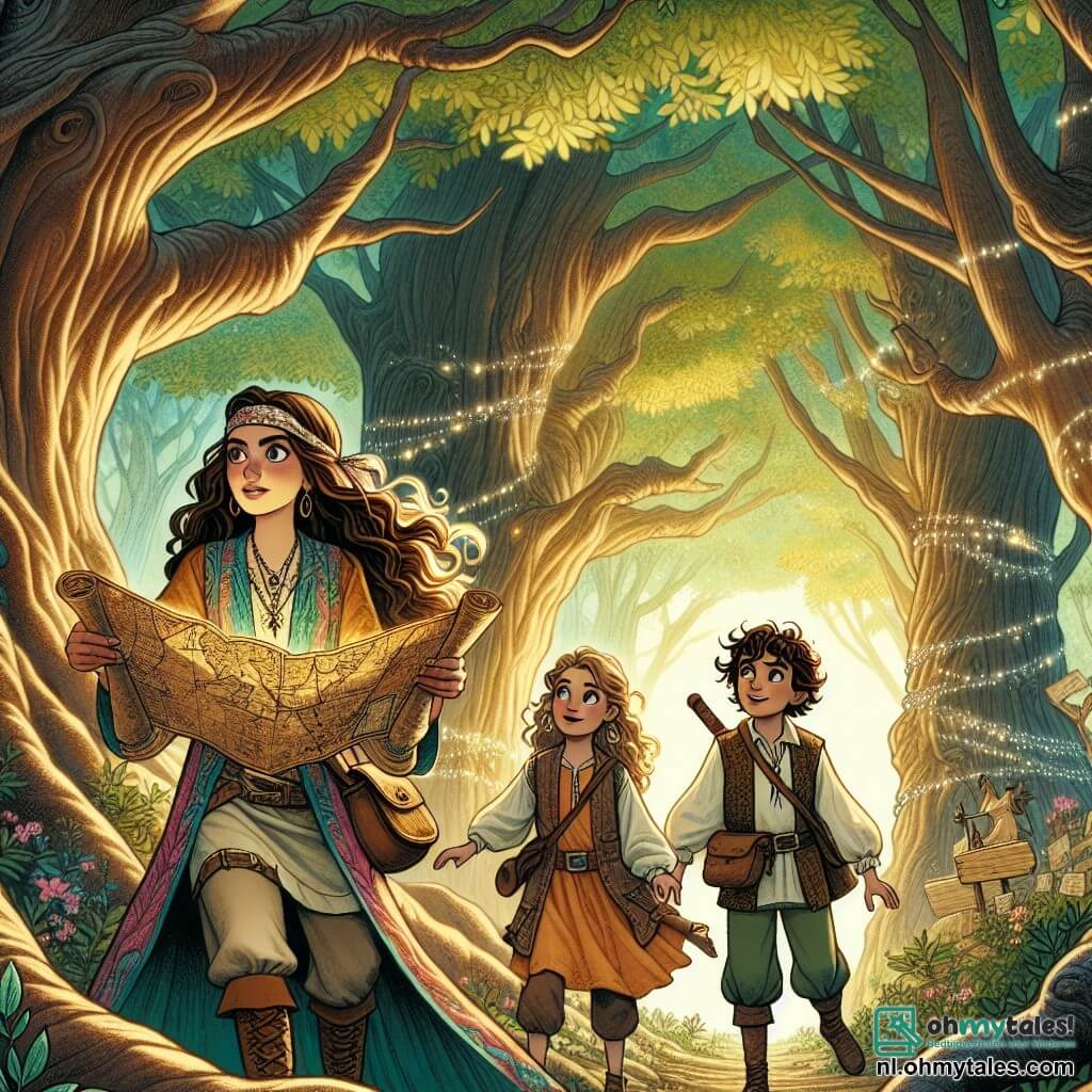Illustratie die een levendige scène in een betoverd bos weergeeft, waar gigantische bomen met knoestige stammen naar de lucht reiken, hun glanzende bladeren schitterend onder de zonnestralen die door de takken filteren. In het midden van deze scène staat een jonge vrouw met lange golvende haren, gekleed in een kleurrijke tuniek en een canvasbroek, vastberaden. Haar blik is scherp en nieuwsgierig terwijl ze een oude kaart in haar handen houdt, de horizon afspeurend naar verborgen schatten. Naast haar staan twee leden van haar bemanning: een jongen van ongeveer twaalf jaar, met krullend haar en een ondeugende glimlach, in een leren vest, die een kleine kompas vasthoudt, klaar om haar te helpen in haar zoektocht. Naast hem staat een meisje van ongeveer tien jaar, met vlechten en sprankelende ogen, in een eenvoudige jurk met een sjaal om haar hoofd, die een klein mandje met proviand voor de reis vasthoudt. De belangrijkste situatie toont de jonge vrouw, geconcentreerd op haar kaart, terwijl de twee kinderen haar opgewonden aankijken, klaar om haar te vergezellen in het avontuur dat hen te wachten staat. Op de achtergrond vliegen magische wezens, zoals schitterende feeën, om hen heen, wat een vleugje mysterie en magie aan de sfeer toevoegt. Stralen licht filteren door de bladeren en verlichten het pad voor hen, wat de vele ontdekkingen symboliseert die hen te wachten staan.