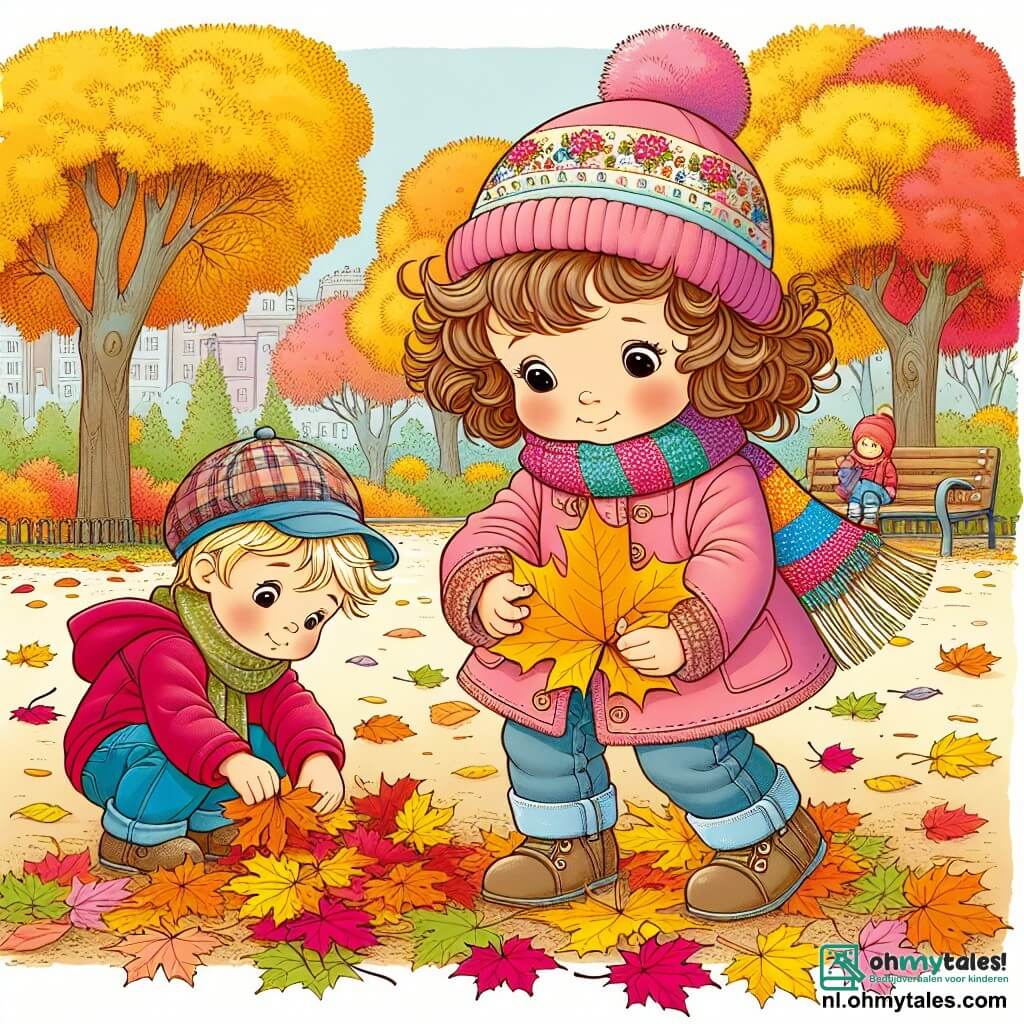 Une illustration sous forme de dessin destinée aux enfants représentant un parc en automne, avec des arbres aux feuilles jaunes, oranges et rouges, où une petite fille de 3 ans aux cheveux bouclés et portant une jolie veste rose et une écharpe colorée est accroupie en train de ramasser des feuilles, tandis qu'un garçon de 4 ans avec des cheveux blonds et une casquette bleue l'observe en tenant un grand feuillage rouge dans ses mains, illustrant leur joie de collecter des trésors d'automne pour créer un art ensemble.
