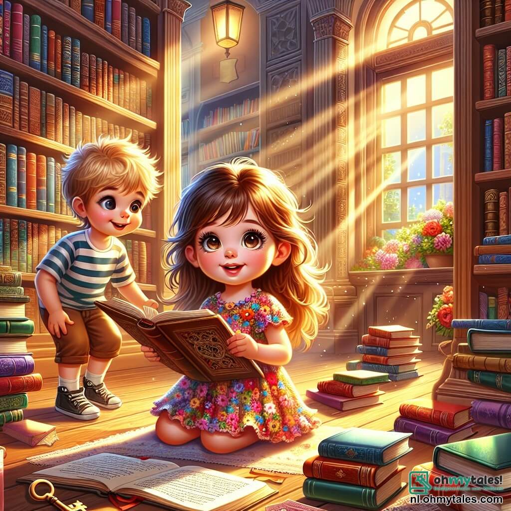 Illustratie van een scène in een warme en uitnodigende bibliotheek, met grote planken vol kleurrijke boeken. Zacht zonlicht filtert door de ramen en creëert dansende schaduwen op de houten vloer. In het midden van de afbeelding zit een 3-jarig meisje met lange bruine haren en nieuwsgierige ogen naast een plank. Ze draagt een kleurrijke bloemenjurk en houdt een oud boek open in haar handen. Haar gezicht straalt verwondering en vastberadenheid uit terwijl ze naar een ontbrekende pagina zoekt. Naast haar kijkt een jongen van ongeveer 5 jaar met tousled blond haar en een ondeugende glimlach aandachtig toe. Hij draagt een gestreept t-shirt en een korte broek. Hij houdt een klein notitieboekje in één hand, klaar om aanwijzingen op te schrijven, en lijkt bereid om het meisje te helpen in haar zoektocht. De hoofdscène toont het meisje en de jongen die een onderzoek doen, omringd door verspreide boeken, terwijl een oude sleutel lichtjes oplicht in een hoek van de afbeelding, wat een mysterie suggereert. Extra grafische elementen omvatten open boeken, een leeslamp op een tafel, en een schoolbord met gekrabbelde notities, wat bijdraagt aan de sfeer van avontuur en ontdekking.